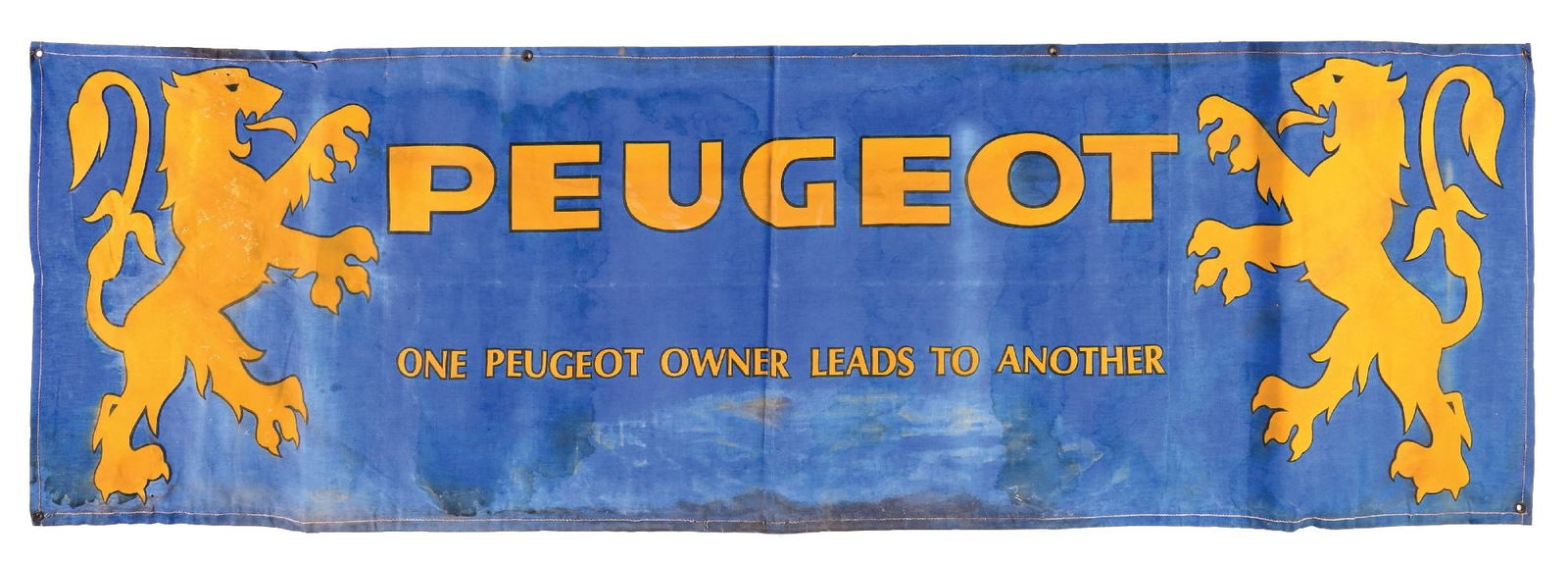 PEUGEOT AUTOMOBILES ADVERTISING BANNER: Single-Sided Cloth Banner. CONDITION: Overall very good, showing light general wear as well as some areas of surface staining in the outer fields. Mounting holes and outer edges in very good condition