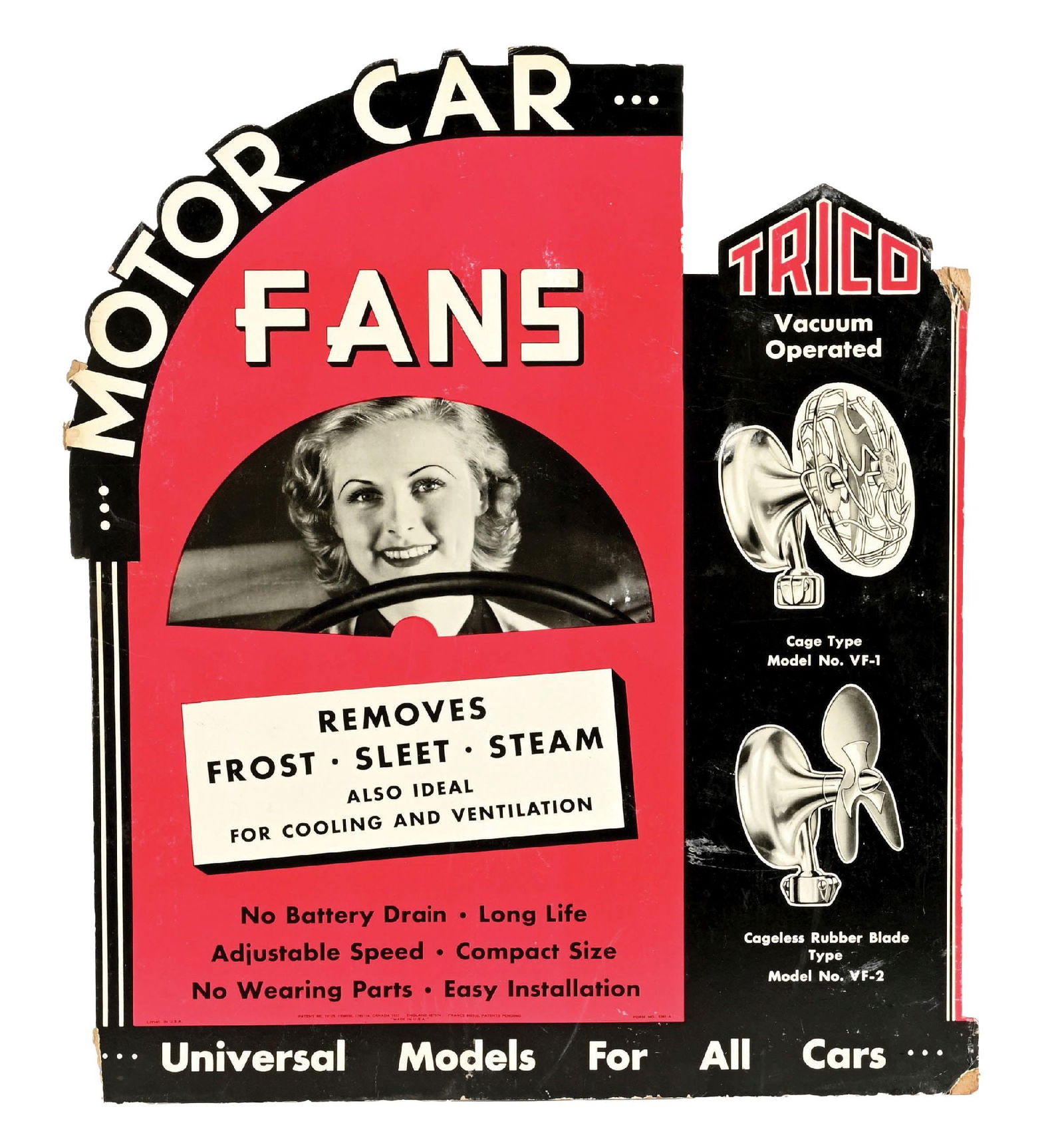 TRICO MOTOR CAR FANS CARDBOARD EASEL BACK STORE DISPLAY: Single-Sided Cardboard Easel Back. C. 1930s. CONDITION: Original throughout, showing minor areas of surface wear in the field with an excellent condition graphic. Light areas of wear along the outer