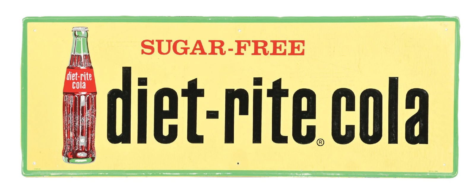 DIET RITE COLA EMBOSSED TIN SIGN W/ BOTTLE GRAPHIC: SST. Maker marked M.C.A. CONDITION: Bright color and gloss, showing some areas of wax paper markings, most likely new old stock. Minimal surface scratches, as well as some minor paint loss along the