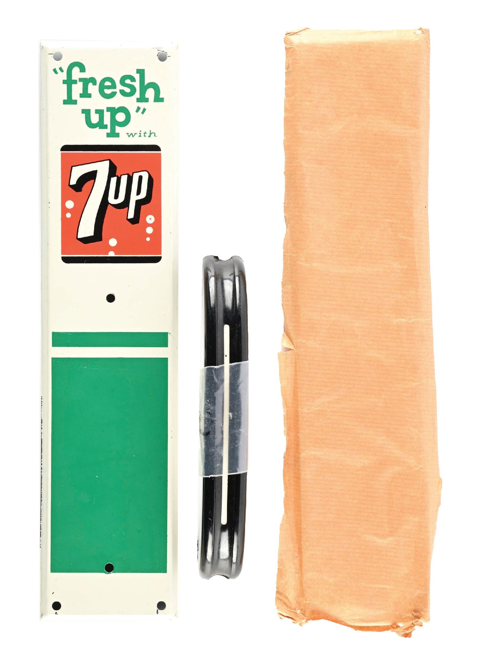 FRESH UP WITH 7UP NEW OLD STICK TIN DOOR PUSH W/ HANDLE: SST. CONDITION: Brilliant new old stock condition, showing original rice paper included as well as handle. Bright and glossy, showing only minor surface scratches in the outer field from storage. A