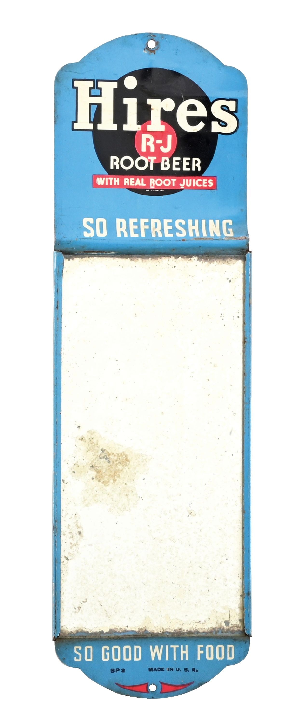 HIRES R-J ROOT BEER TIN ADVERTISING WALL MIRROR: SST. CONDITION: Excellent color and gloss throughout, showing minor surface scratches, as well as some minimal areas of light denting. Minor wear at the upper mounting hole with age wear on the