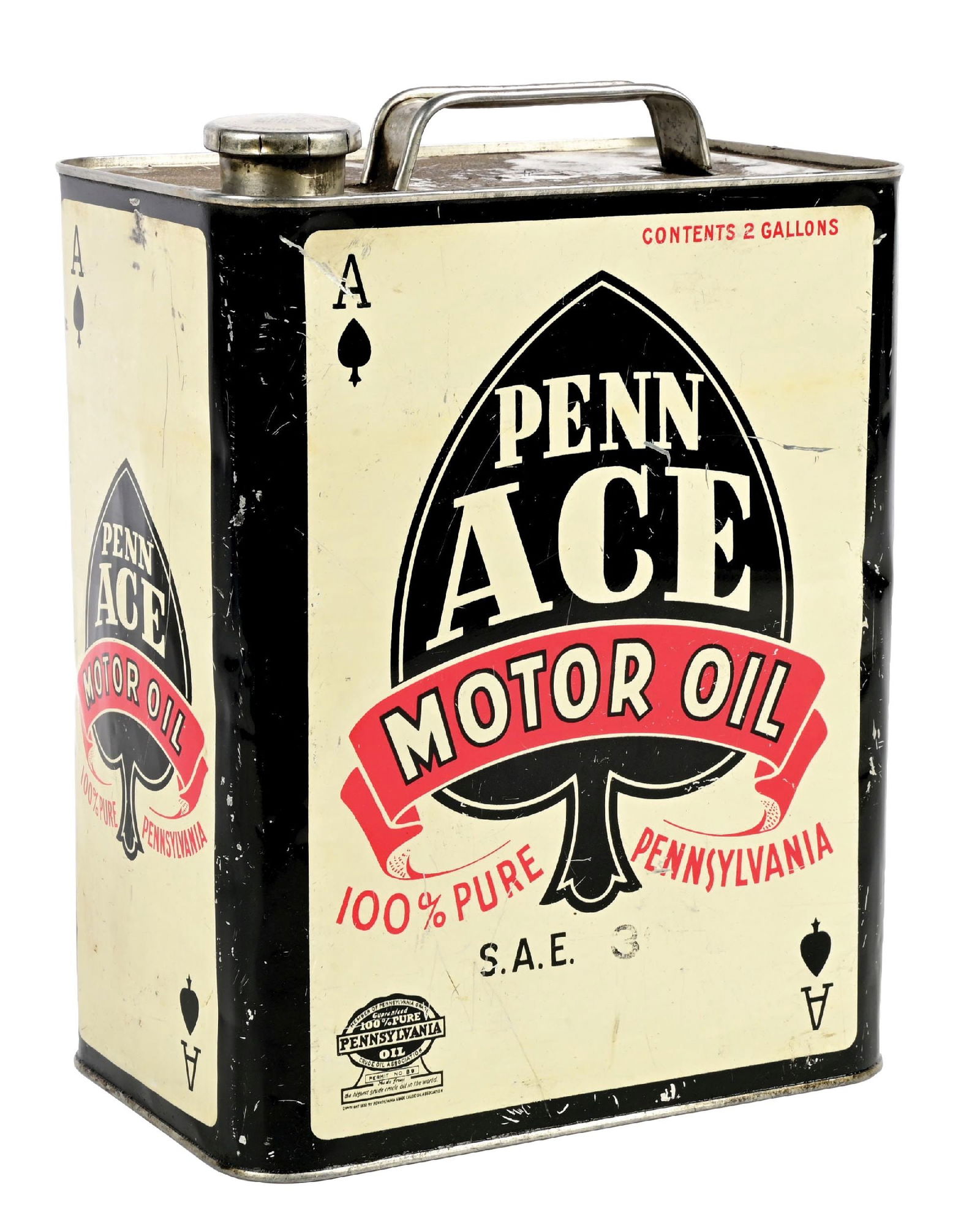 PENN ACE MOTOR OIL TWO GALLON CAN: Two Gallon Can. CONDITION: Bright and glossy showing excellent Ace of Spades graphic on each side. Minor areas of scratching present on each side as well as some minor fading and denting. Can shows or