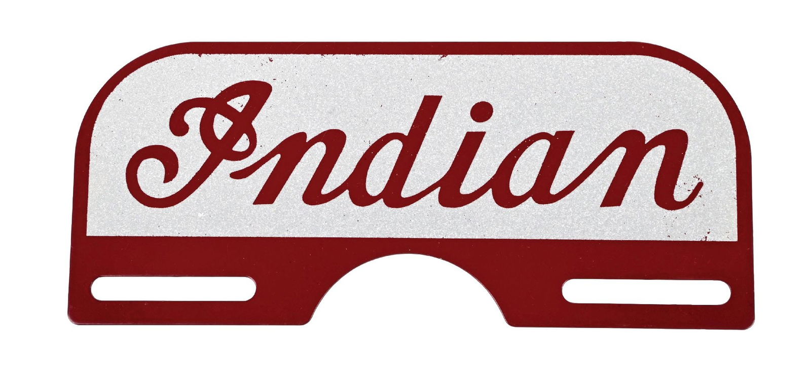 INDIAN MOTORCYCLES REFLECTIVE TIN N.O.S. LICESCE PLATE TOPPER: SST. C. 1950s. CONDITION: Outstanding color & gloss, showing no notable field wear other than some minor blemishes in the reflective paint. Topper has never been used, showing excellent condition moun