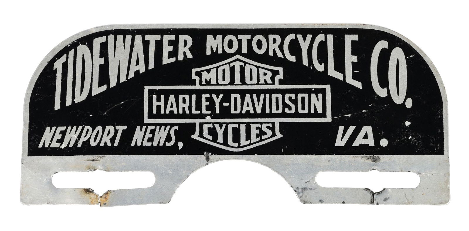 TIDEWATER MOTORCYCLE CO. HARLEY DAVIDSON TIN LICENSE PLATE TOPPER (1 of 2)