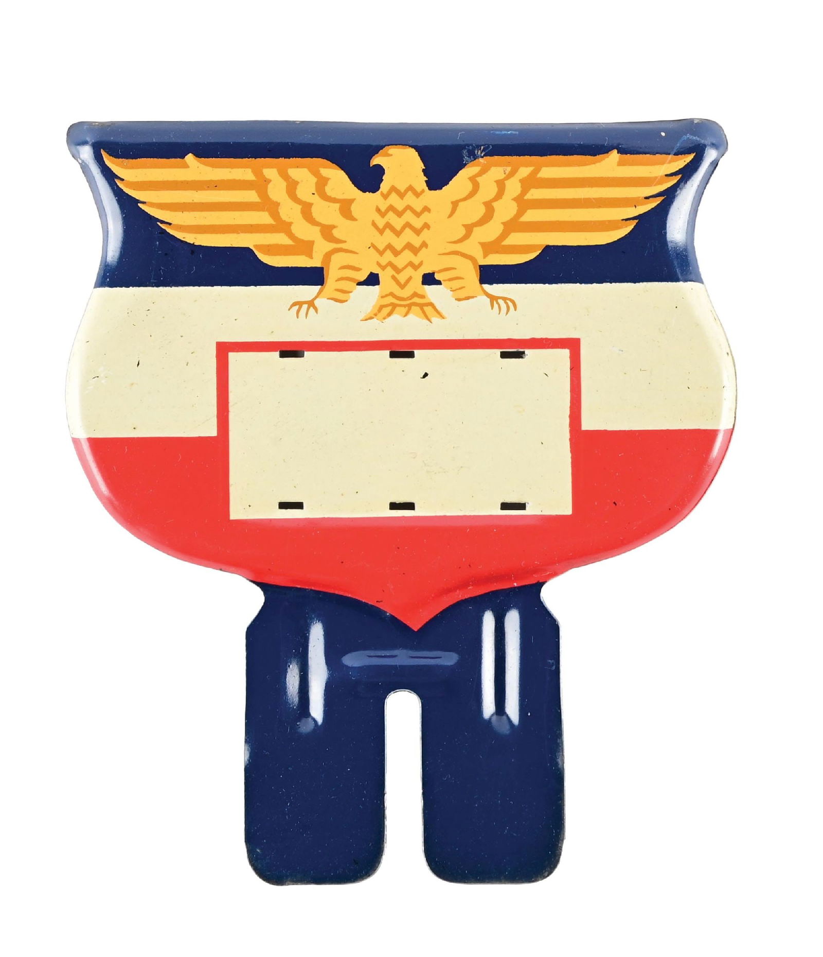 N.O.S. EMBOSSED TIN LICENSE PLATE TOPPER W/ EAGLE GRAPHIC: SST. C. 1940s. CONDITION: Brilliant new old stock condition, showing excellent color & gloss with no notable field wear. Minimal areas of light wear along the edge from storage. A tough to upgrade exa