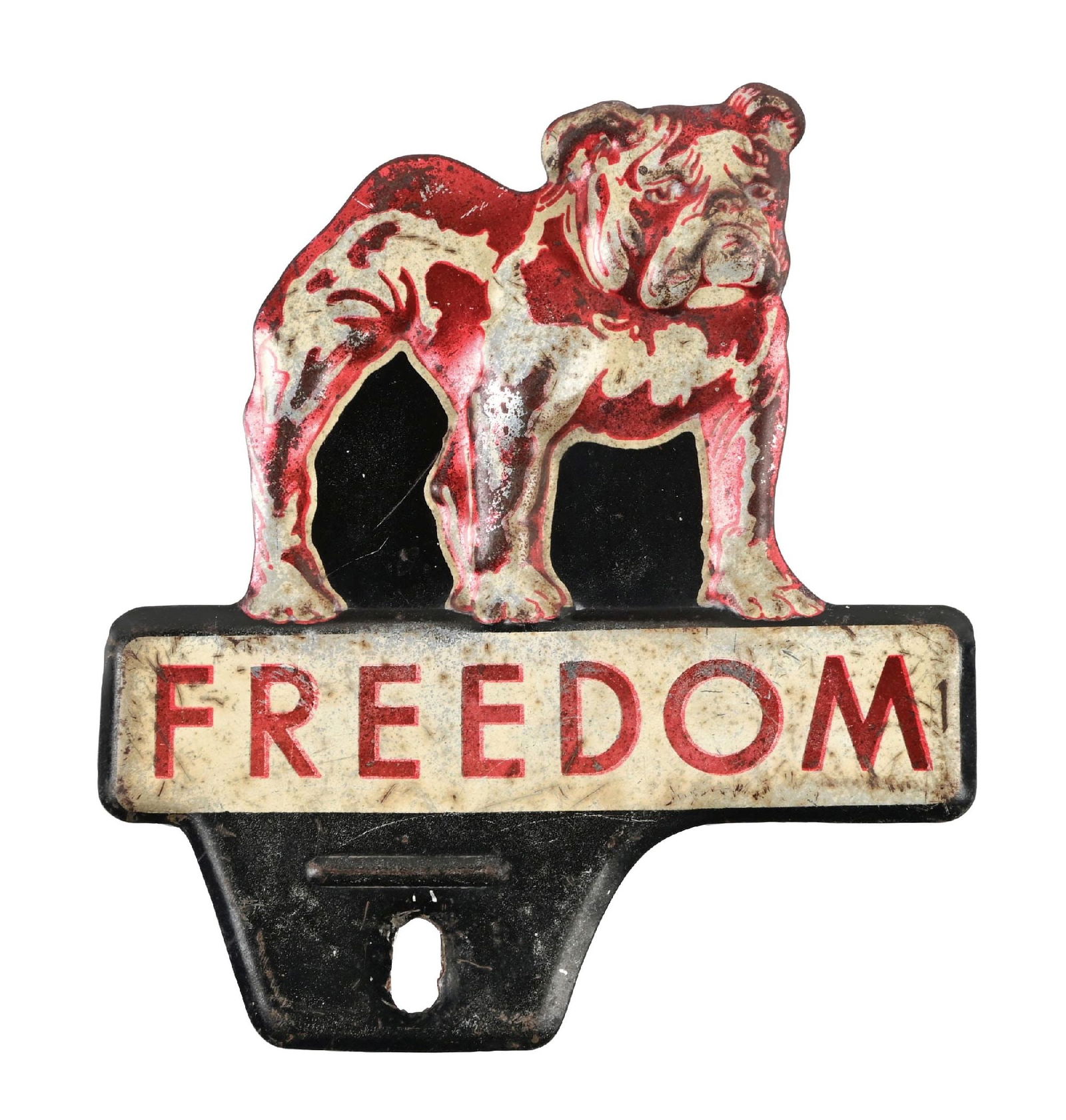 FREEDOM OIL COMPANY EMBOSSED TIN LICENSE PLATE TOPPER: SST. C. 1940s. CONDITION: Original throughout showing good color and gloss, with areas of surface scratching as well as staining throughout the fields. Minor areas of wear at the mounting hole as well
