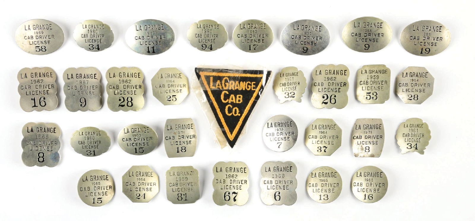 LARGE COLLECTION OF LA GRANGE CAB COMPANY DRIVER LICENSE PINS (1 of 1)