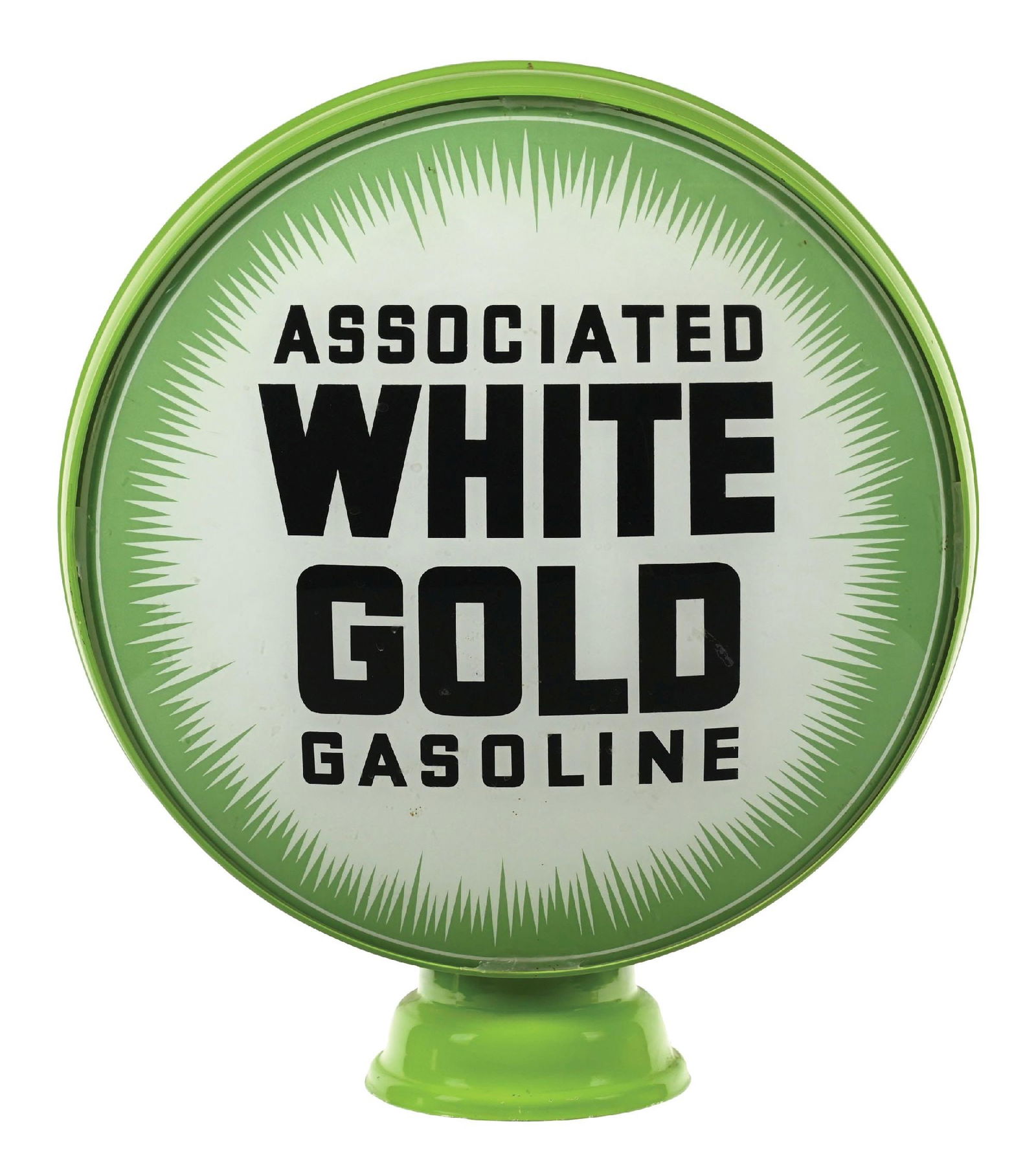 ASSOCIATED WHITE GOLD GASOLINE COMPLETE 15" GLOBE ON METAL LOW PROFILE BODY (1 of 4)
