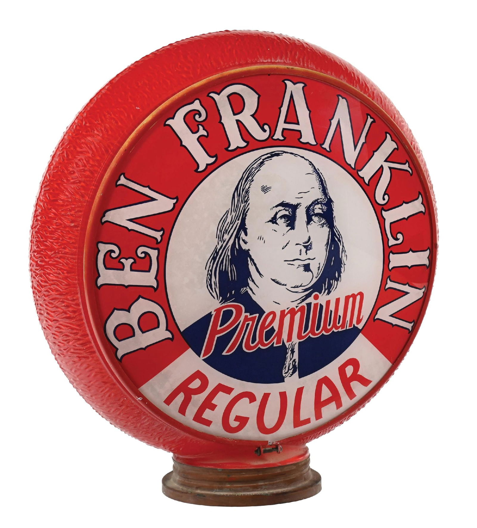 BEN FRANKLIN PREMIUM REGULAR GASOLINE COMPLETE 13.25" GLOBE ON RED RIPPLE GIIL BODY: Complete 13.25" Globe on Red Ripple Gill Body showing Screw Base. CONDITION: Lenses each in very good condition, showing some minor areas of cloudiness in the white backing as well as some dirt staini