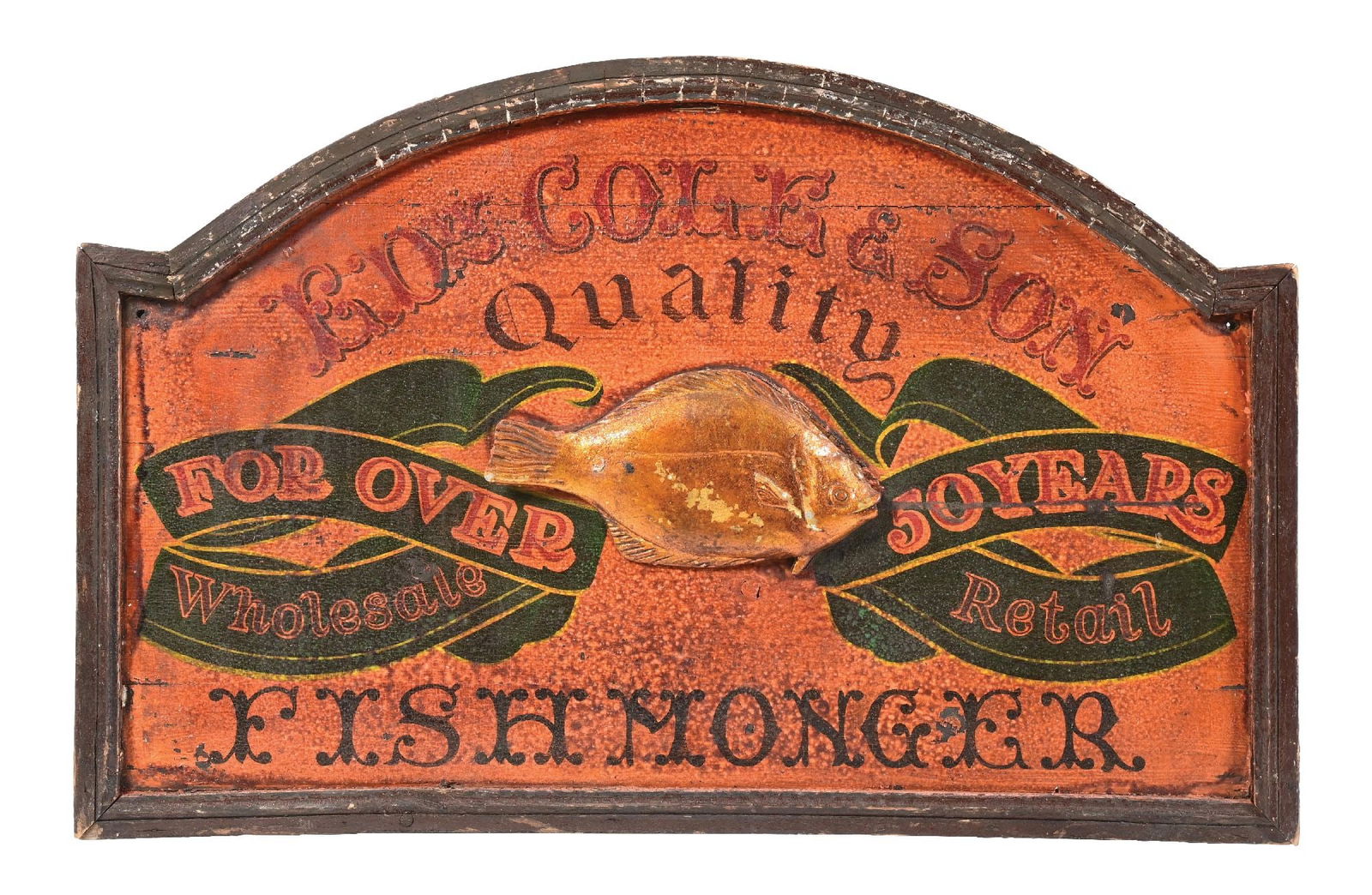 ED COLE & SON FISHMONGER PAINTED WOOD SIGN W/ METAL FISH: Single-Sided Wood Sign showing cast metal fish at the center. CONDITION: Heavy crackling and wear to the surface, showing years of wear and lacquer varnish giving the piece an excellent patina. Origin