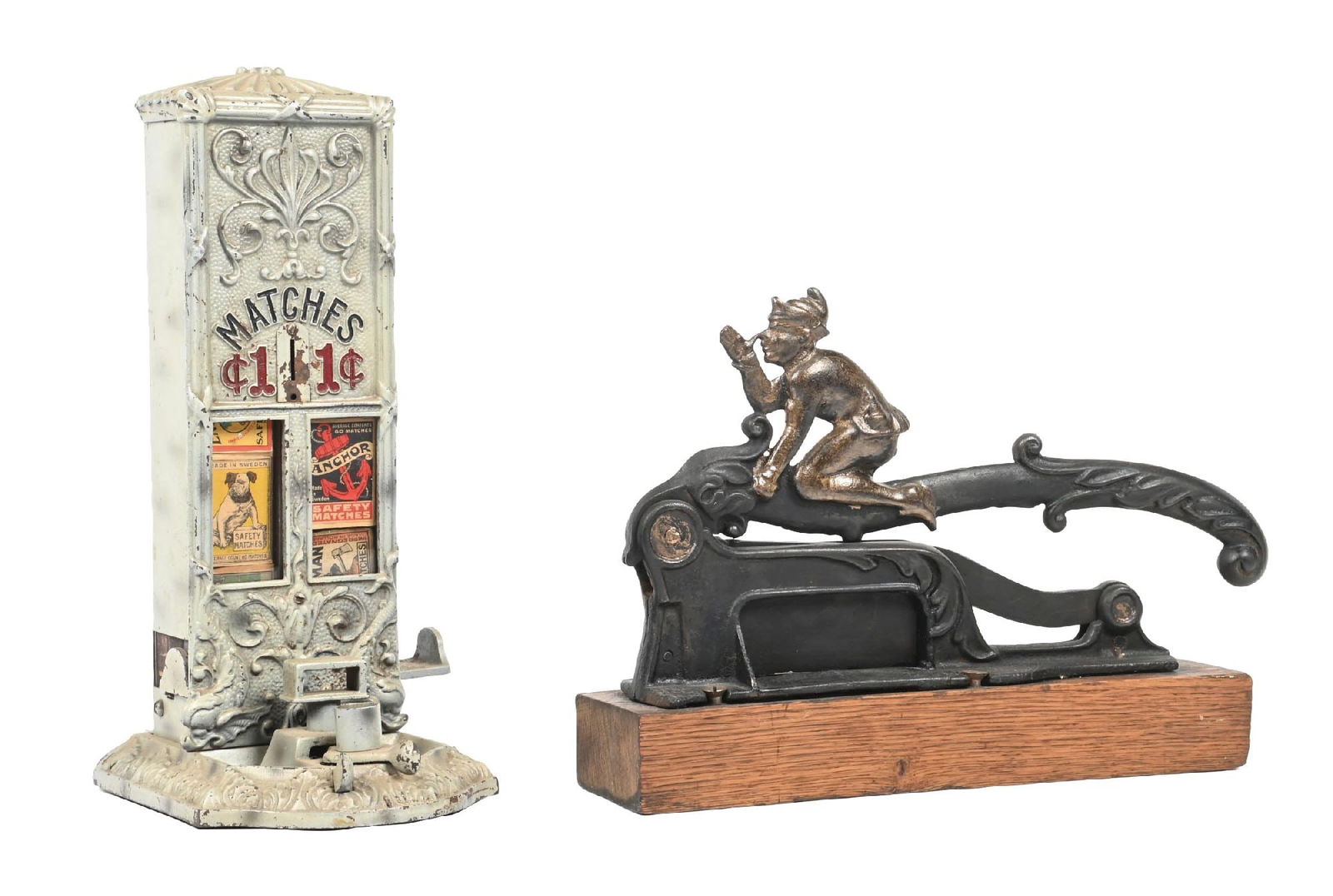 PAIR OF COUNTRY STORE TOBACCO-RELATED ITEMS: CONDITION: (A) Northwestern Sell-Em match vending machine, showing an older repaint, with some original match boxes. Operational, with no key. (B) Tobacco cutter, cast iron construction, no advertisin