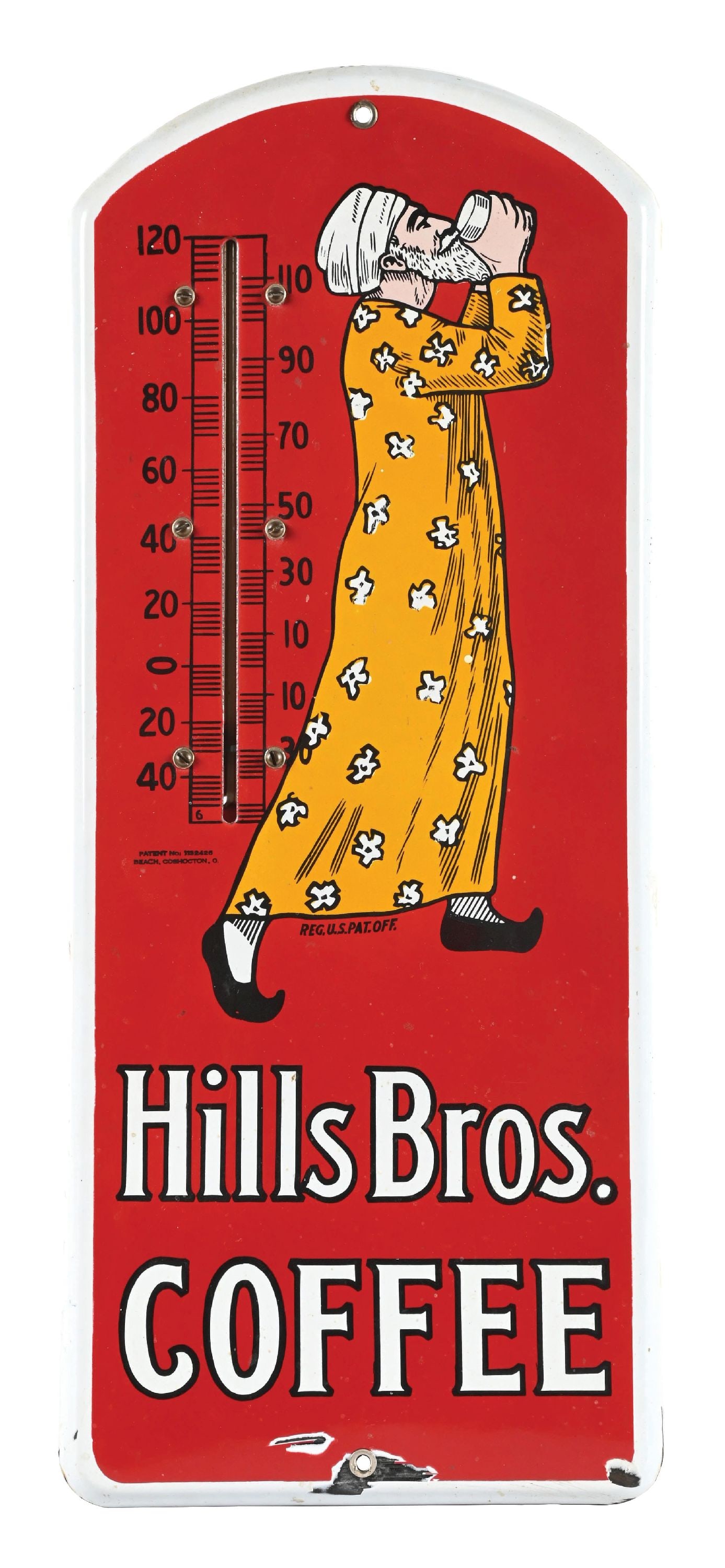 PORCELAIN ADVERTISING THERMOMETER FOR HILLS BROS. COFFEE: SSP. CONDITION: It shows good color and shine, with some light surface scratches to the main field and chips located at the upper mounting hole, lower-end thermometer, left edge, and lower right-hand