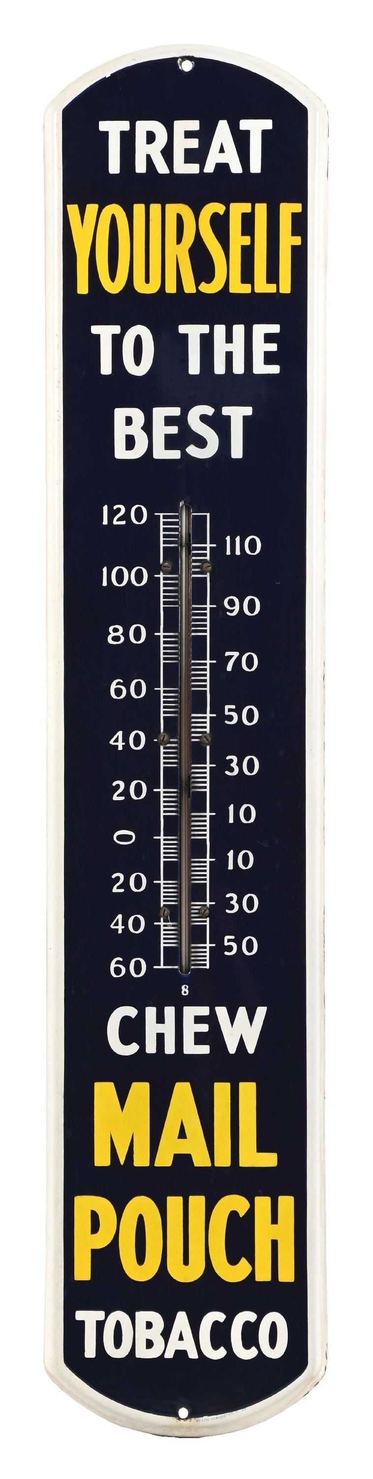 TIN MAIL POUCH TOBACCO THERMOMETER: CONDITION: Showing NOS condition, with very good color and shine. Original thermometer tube, which is operational. Showing light edge wear, with no discernible chips or scratches in the main field. Co
