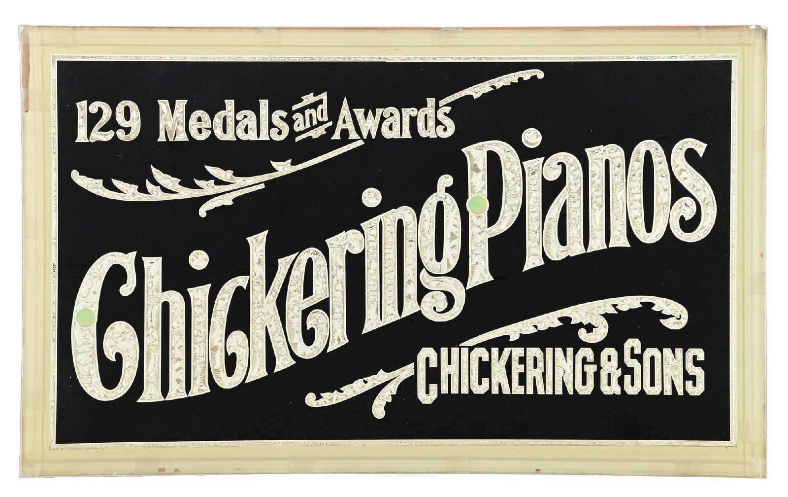 GLUE CHIP GLASS SIGN ADVERTISING CHICKERING PIANOS: Single-sided glass sign. CONDITION: A single-sided glass sign for Chickering Pianos, showing great glue chip silver lettering. Mounted in a plastic frame with contemporary backing. No noticeable damag