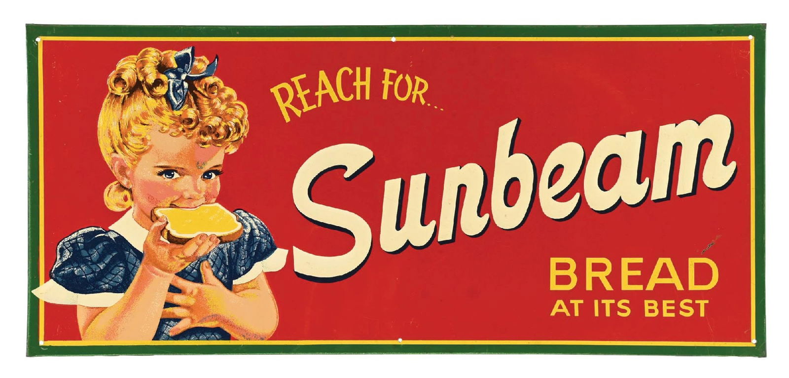 TIN ROLLED EDGE ADVERTISING SIGN FOR SUNBEAM BREAD: Single-sided rolled edge tin. CONDITION: It shows very good color and shine, with embossed lettering. Light wear around the mounting holes. There is a scratch over the "D" in "Bread". Light to modest