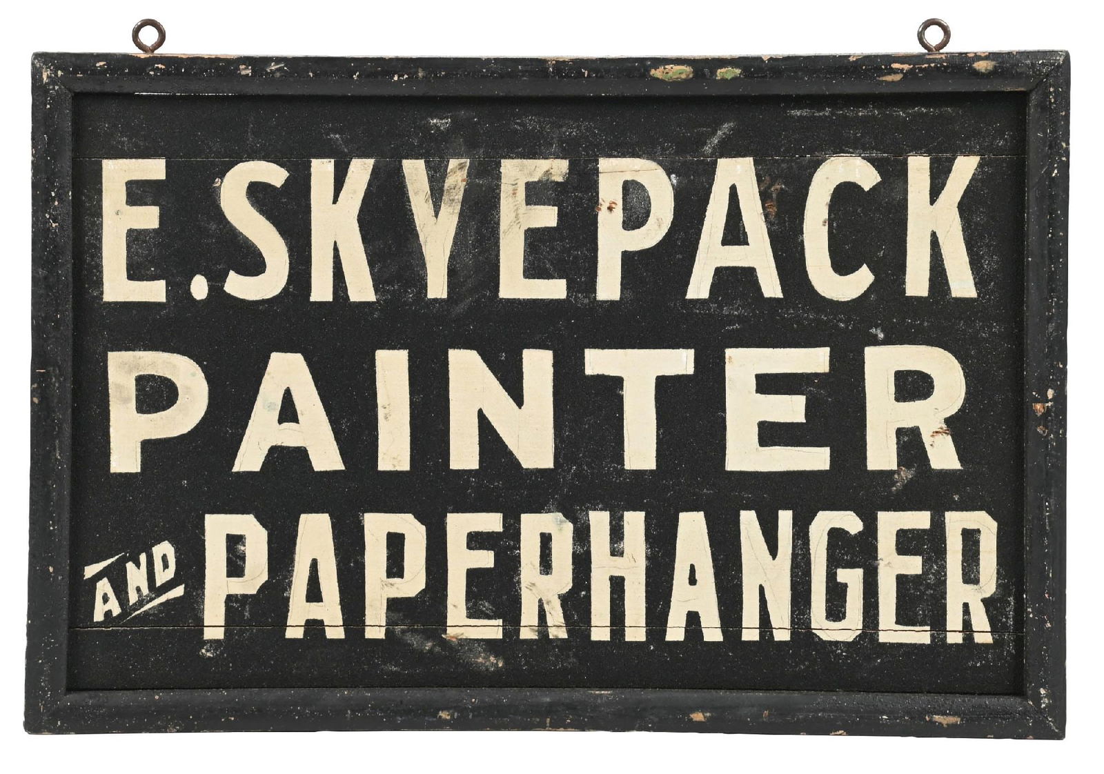 PAINTER & PAPERHANGER "E. SKYJACK" SAND PAINTED WOOD SIGN W/ ORIGINAL WOOD FRAME: Double-Sided Sand Painted Wood with original wood frame. C. 1920s. CONDITION: Excellent original condition throughout, showing heavy sand painted black surface throughout each side, showing only minim