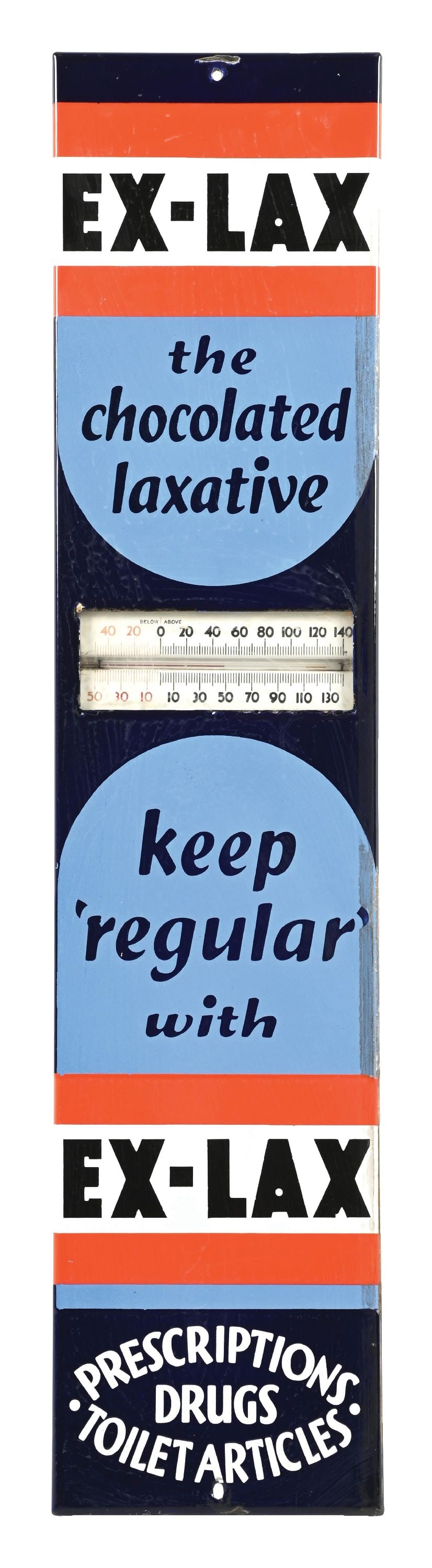 PORCELAIN EX-LAX HORIZONTAL PRESENTATION THERMOMETER: This is a rare variation of an Ex-Lax thermometer, showing a horizontal presentation of the thermometer. CONDITION: Shows various scuffs to the right-hand edge, some light chipping around the mounting
