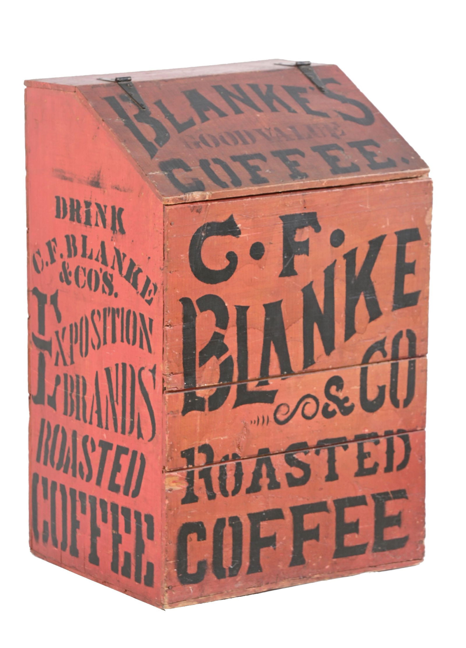 ORIGINAL COUNTRY STORE BLANKE'S COFFEE BIN: CONDITION: It shows all original stenciling for the G.F. Blanke & Company Roasted Coffee bin. It has original hardware, and lift lid with stenciling on the front top lid, both sides and back. It shows