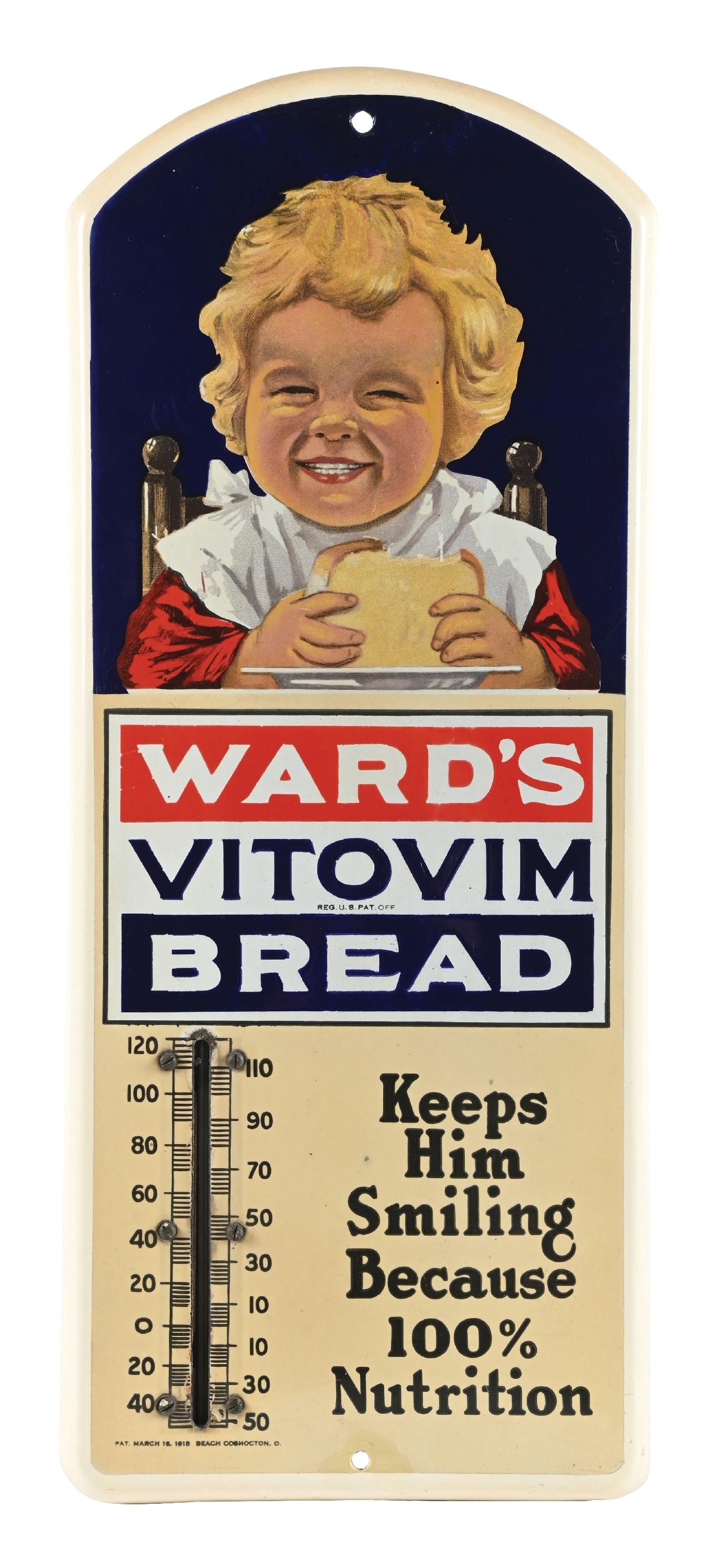 TIN THERMOMETER ADVERTISING WARD'S VITOVIM BREAD: SST. Maker marked for the Beach Company and dated March 16 1915. CONDITION: It shows good color and shine, with light surface scratches in the main field. It shows an original thermometer with some