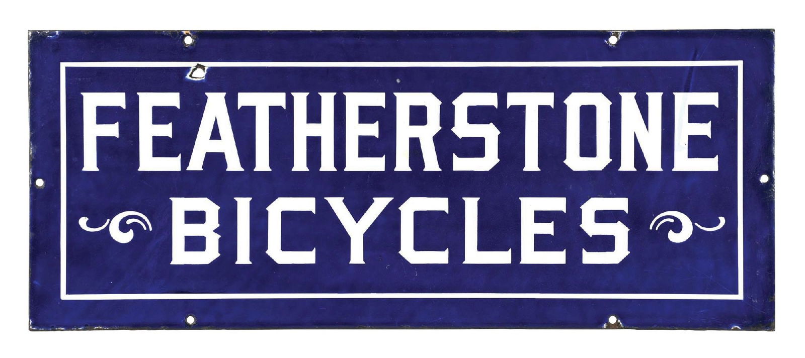 FEATHERSTONE BICYCLES PORCELAIN SIGN: SSP. CONDITION: A porcelain advertising sign for Featherstone Bicycles in cobalt blue. It shows moderate color, good shine, and moderate edgewear to all four sides. It has chipping at the mounting
