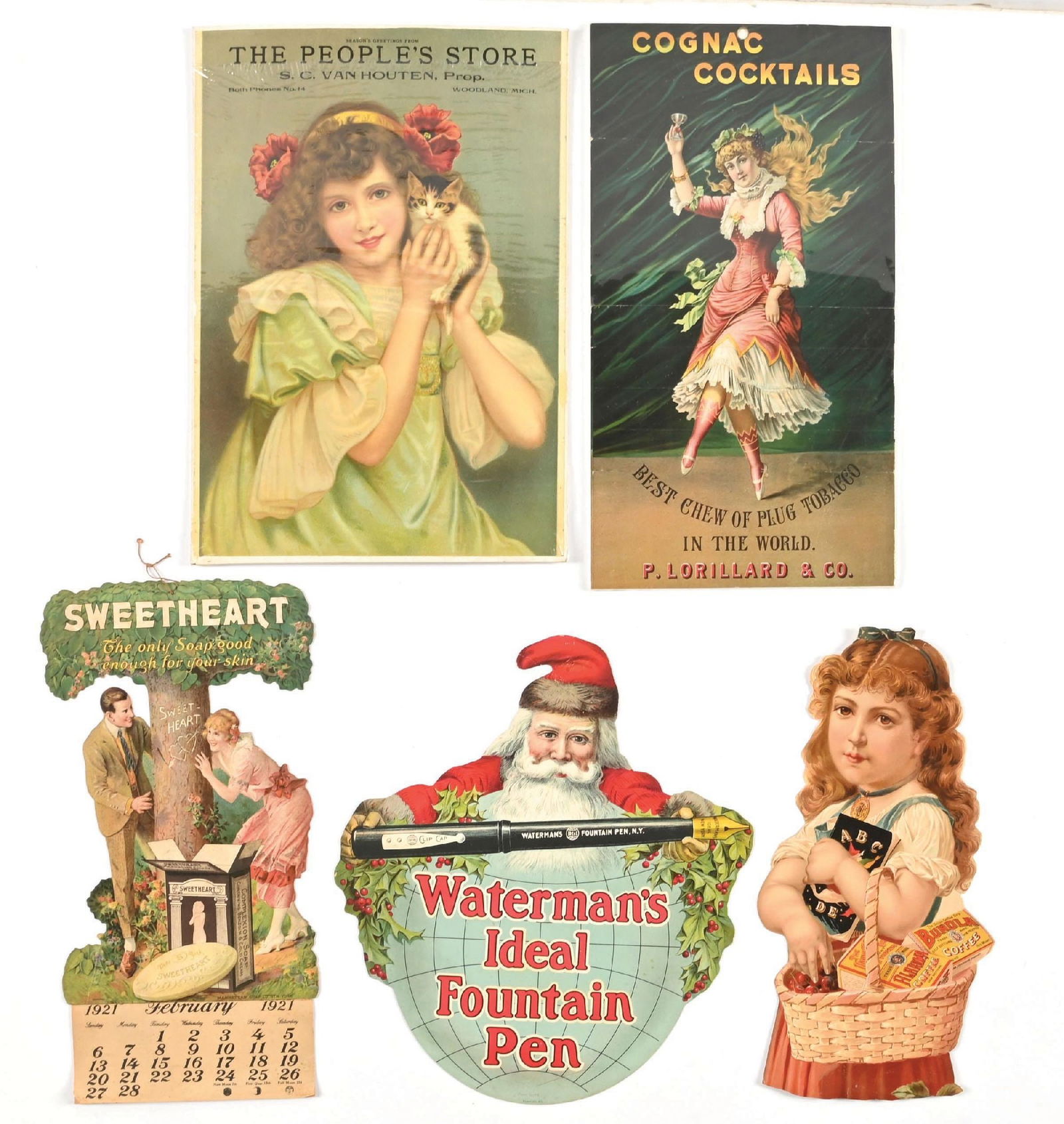 COLLECTION OF 5: VARIOUS GENERAL STORE ADVERTISING: CONDITION: (A) Paper lithograph for The People's Store in Woodland, Michigan, showing light edge wear and light folds. (8.5). (B) Bunola die-cut coffee advertisement, showing some light scratches to