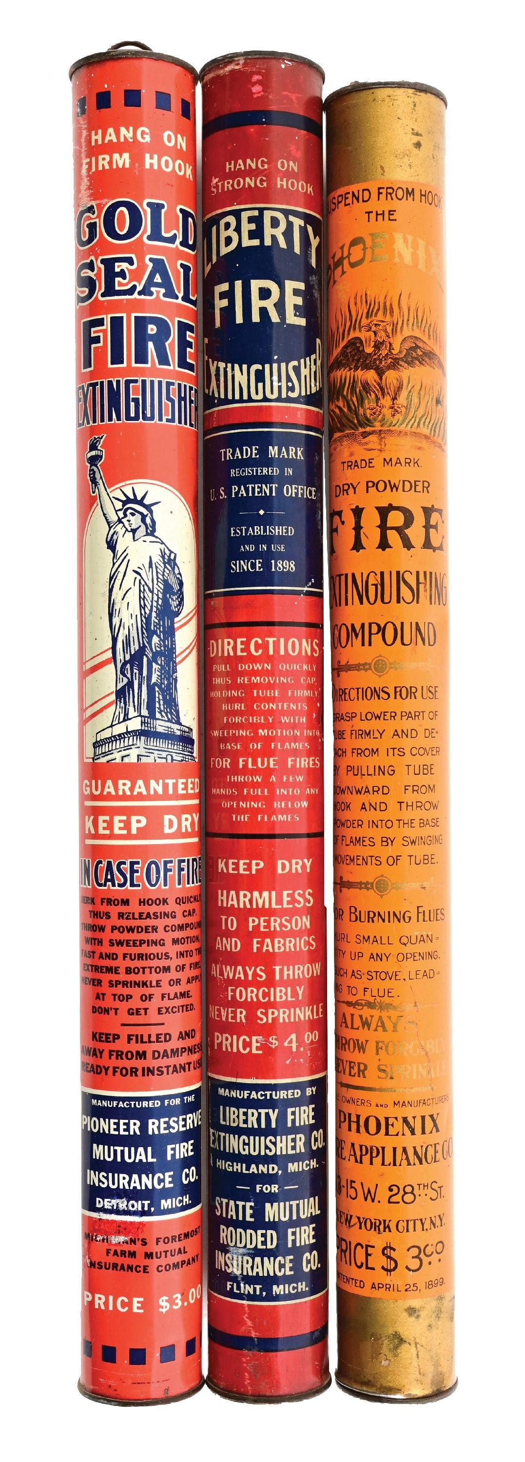 COLLECTION OF 3: TIN FIRE EXTINGUISHERS: CONDITION: (A) Phoenix Fire Extinguisher Compound, showing good graphic of a phoenix. Moderate wear overall, with some areas of scuffs and scrapes in the paint and light denting. (8.0). (B) Liberty