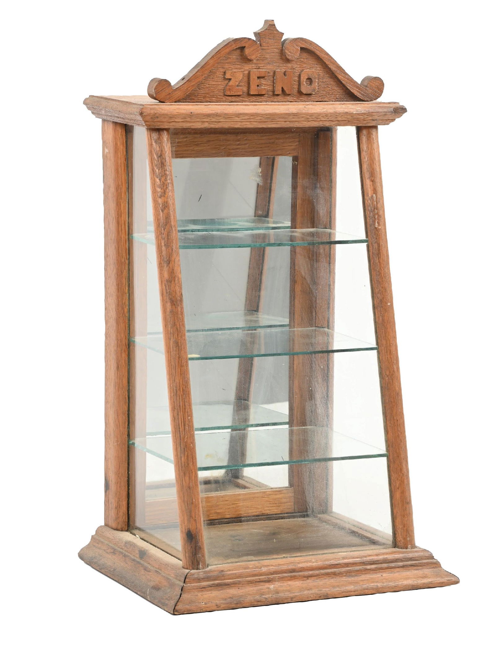 ORIGINAL COUNTERTOP ZENO CHEWING GUN SHOWCASE: CONDITION: Showing original marquee, original back door and hardware, with original interior shelves. Light wear overall due to age and use, with some scuffs and scrapes. Condition: (Very Good).