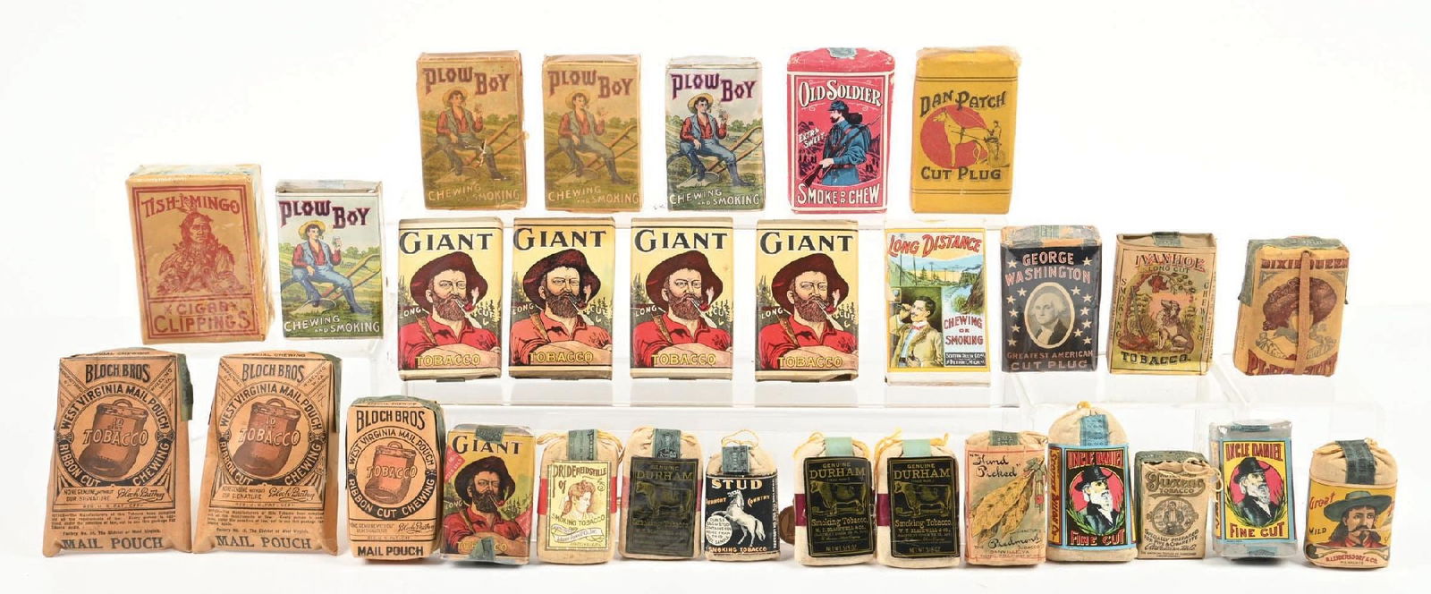 LARGE COLLECTION OF ORIGINAL TOBACCO PACKAGES: Consisting of packages of Giant Tobacco, Plow Boy, Old Soldier, Dan Patch, George Washington, Durham, and many others. CONDITION: Packages range from full with some wear and some light fading, to NOS