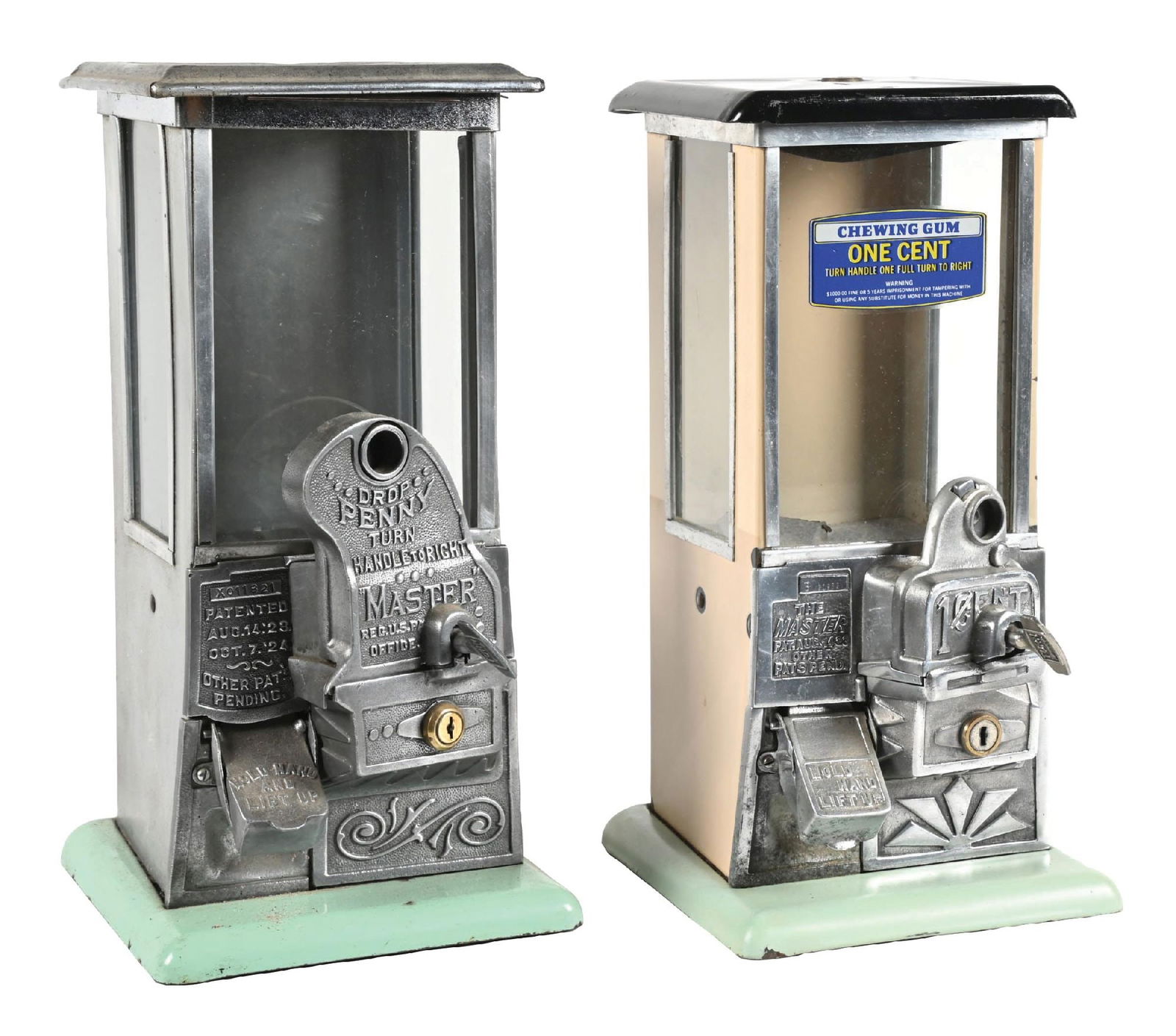 PAIR OF 1¢ MASTER PEANUT MACHINES: CONDITION: (A) A penny gooseneck peanut machine, showing original green porcelain, and slide top lid with working mechanism. It shows a patina consistent with age. (B) A penny peanut machine, showing