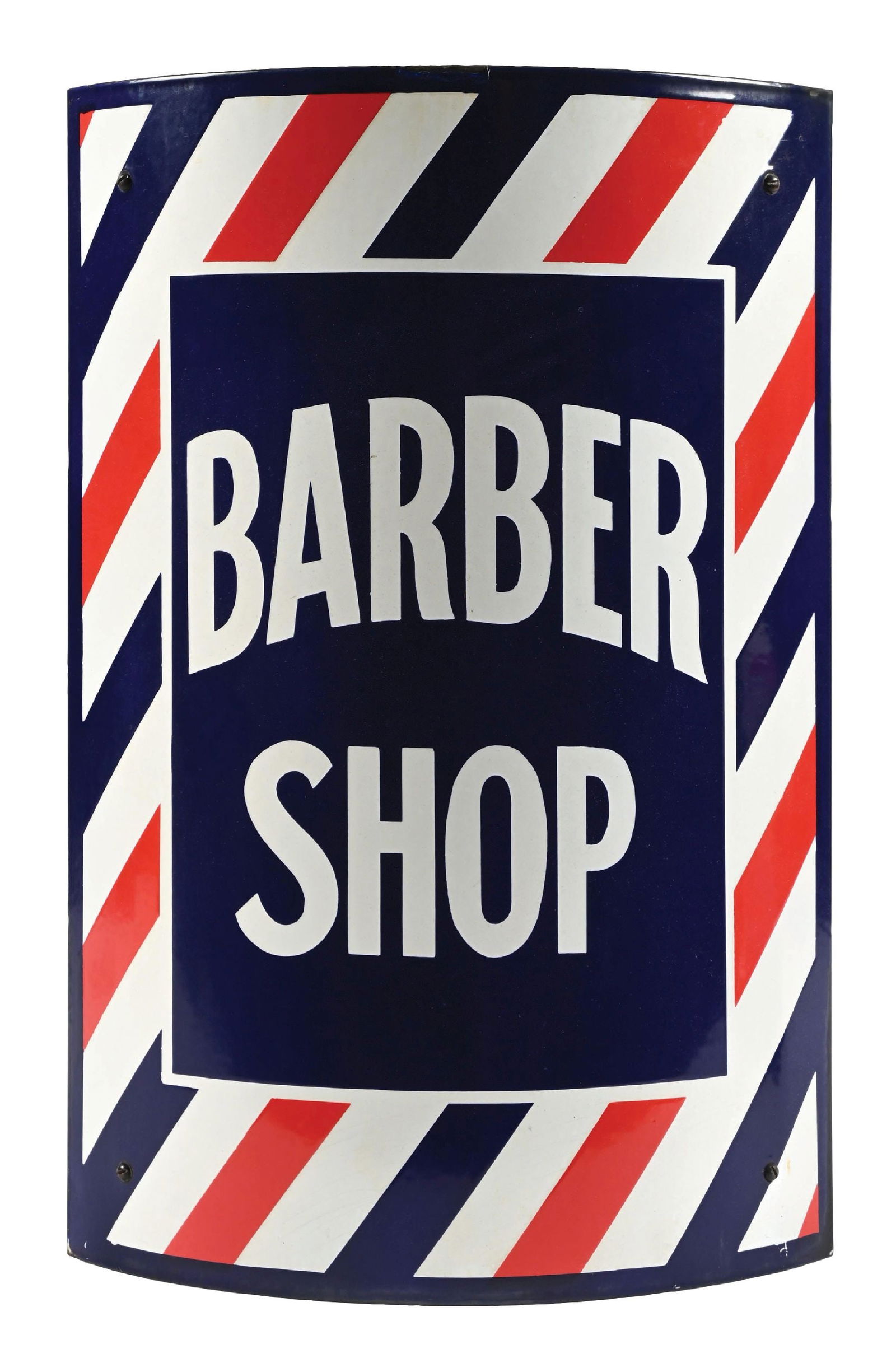 BARBER SHOP PORCELAIN CORNER SIGN W/ MOUNTING BRACKET: SSP. C. 1930s. CONDITION: Excellent color and gloss throughout the field, with no notable field wear and excellent condition mounting holes. Light chips along the outer edges, but overall very clean.