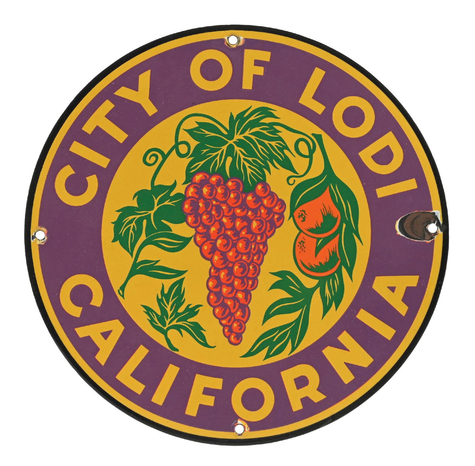 CITY OF LODI CALIFORNIA PORCELAIN MUNICIPAL SIGN: SSP. CONDITION: Excellent color and gloss throughout, showing clean field and graphic. One chip at the right mounting hole with minimal nicks at the remaining mounting holes. Light wear along the
