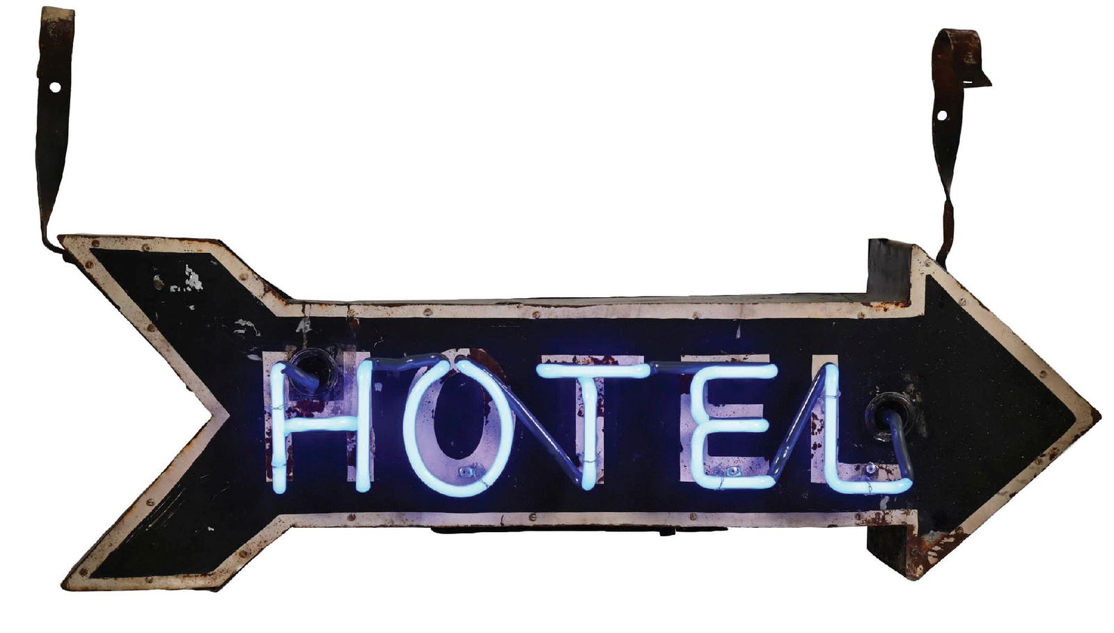 HOTEL PAINTED METAL ARROW NEON SIGN W/ ORIGINAL METAL HANGERS. (1 of 6)
