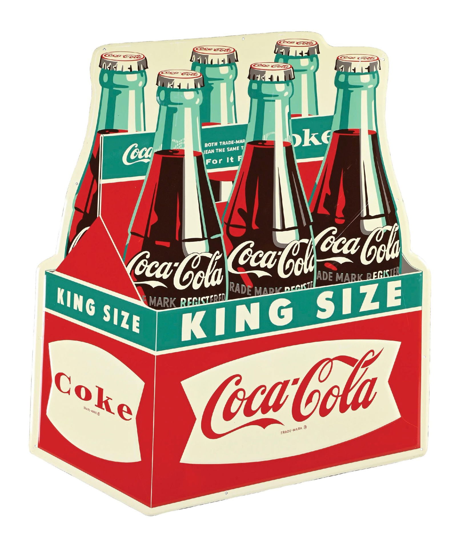 N.O.S. COCA-COLA "KING SIZE" EMBOSSED TIN SIX PACK SIGN.: SST. C. 1950's. CONDITION: Sign is in outstanding condition throughout, found n.o.s. Brilliant color & gloss throughout showing only one minor scratch at the outer right bottle graphic. Mounting holes