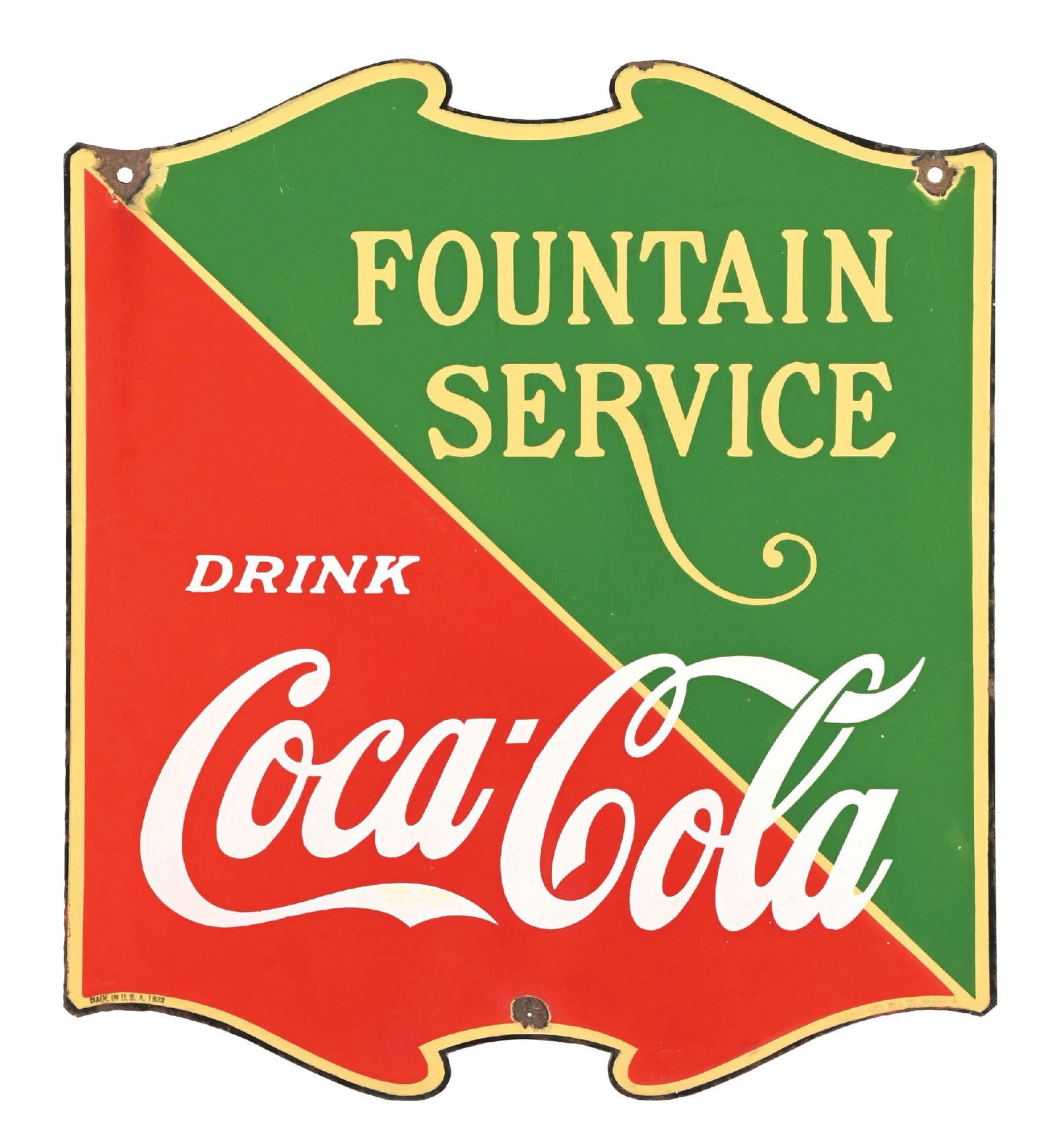 PORCELAIN DIE-CUT COCA-COLA FOUNTAIN SERVICE SIGN: DSP. CONDITION: Side 1 shows good color and shine, with chipping at the mounting holes, light edge wear, with one chip in the "C" of "Cola", no other chips noted. Side 2 has good color and shine, with