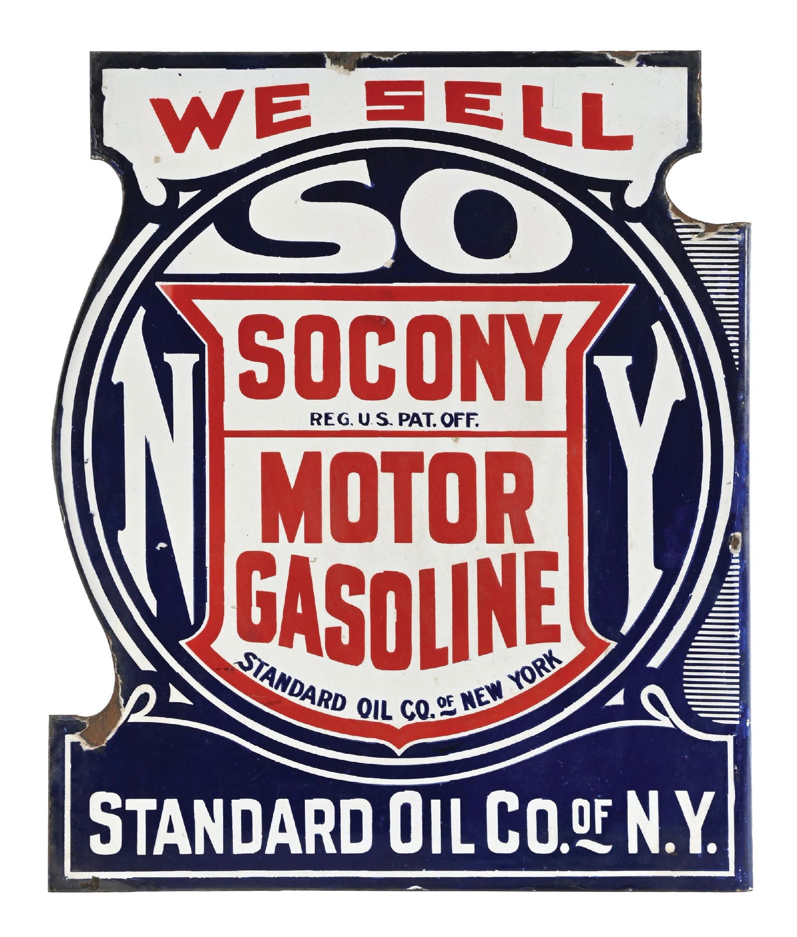 WE SELL SOCONY MOTOR GASOLINE PORCELAIN FLANGE SIGN: DSP. C. 1920s. CONDITION: Excellent color & gloss throughout each side, showing minor areas of light surface scratching in the field as well as some minimal nicks. Outer edges showing chipping and gen