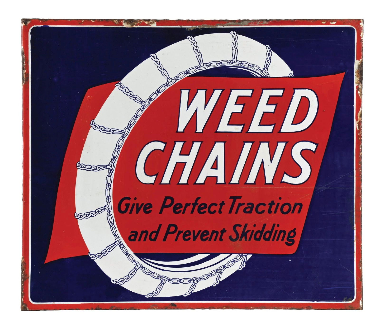 WEED CHAINS PORCELAIN FLANGE SIGN W/ TIRE GRAPHIC. (1 of 2)