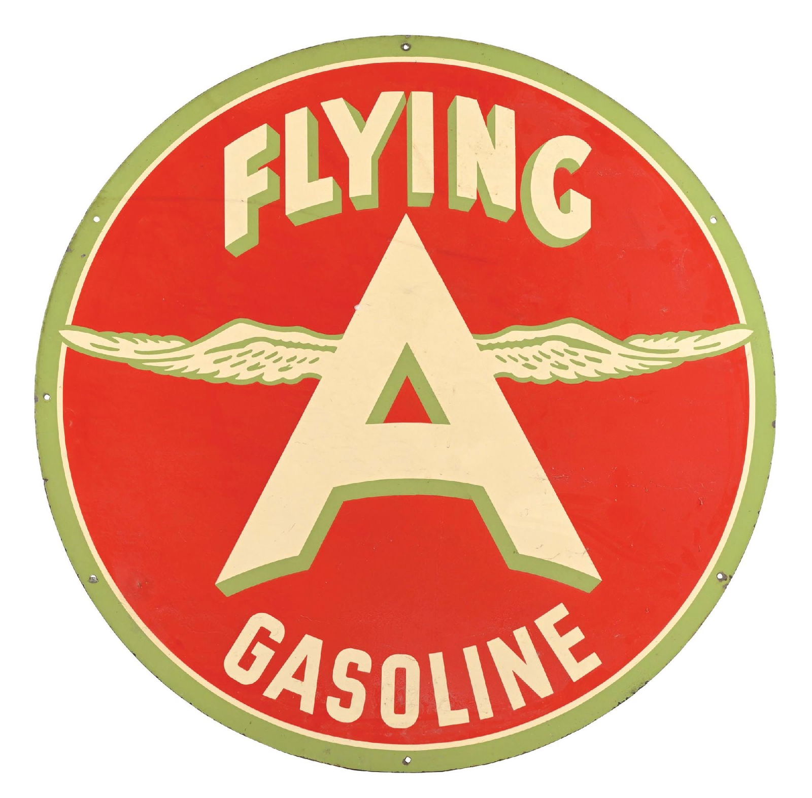 FLYING A GASOLINE PORCELAIN SERVICE STATION SIGN: DSP. C. 1920s. CONDITION: Sign showing bright color & gloss throughout each side with side one showing some minor stress lines and chips in the inner field with areas of touch up done in the outer fie