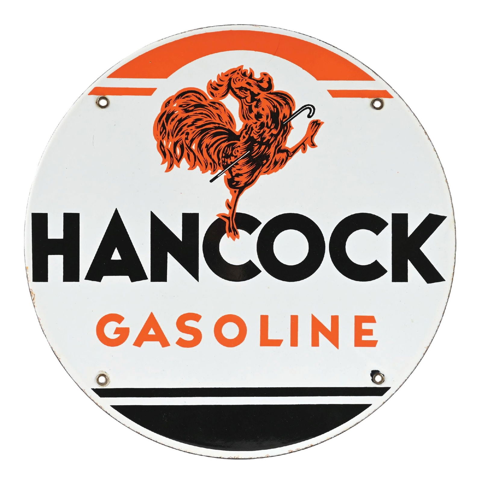 HANCOCK GASOLINE PORCELAIN PUMP PLATE W/ FULL FEATHER ROOSTER GRAPHIC AGS 91. (1 of 2)