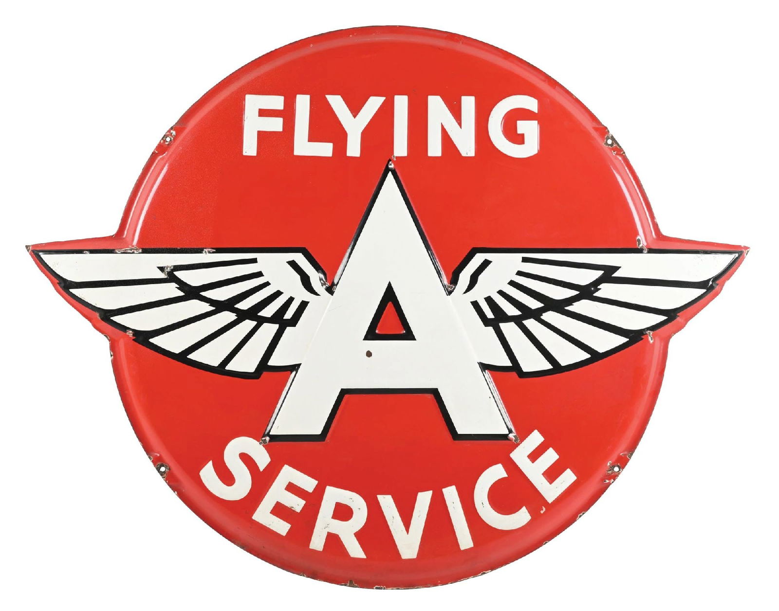 FLYING A SERVICE EMBOSSED PORCELAIN SIGN: SSP. CONDITION: Excellent color & gloss showing light areas of field chipping, mostly at the edges of the wings. Light chips along the outer edges and at the mounting holes. A bright and glossy exampl