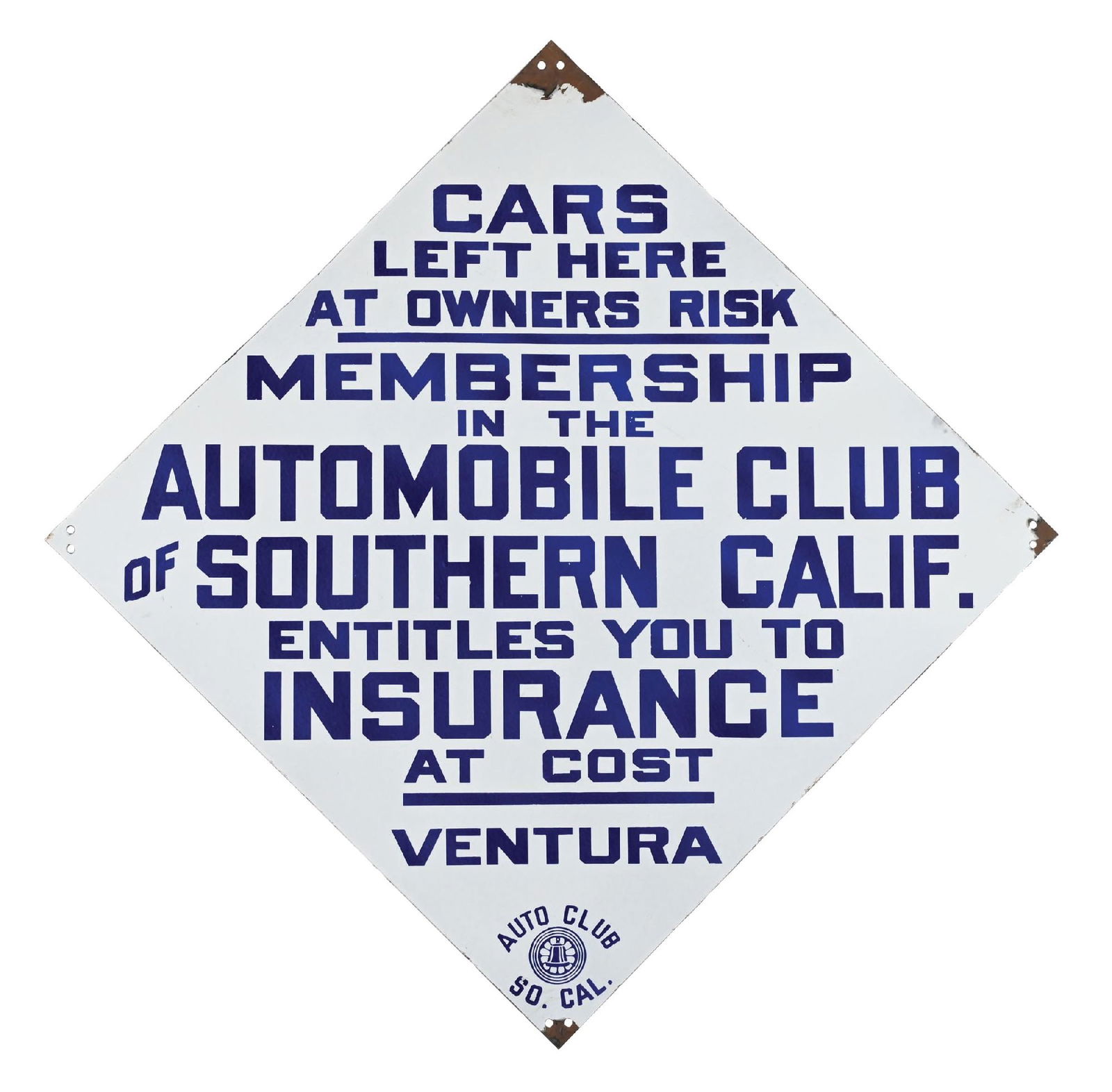 AUTO CLUB CARS LEFT HERE AT OWNERS RISK PORCELAIN SIGN. (1 of 2)