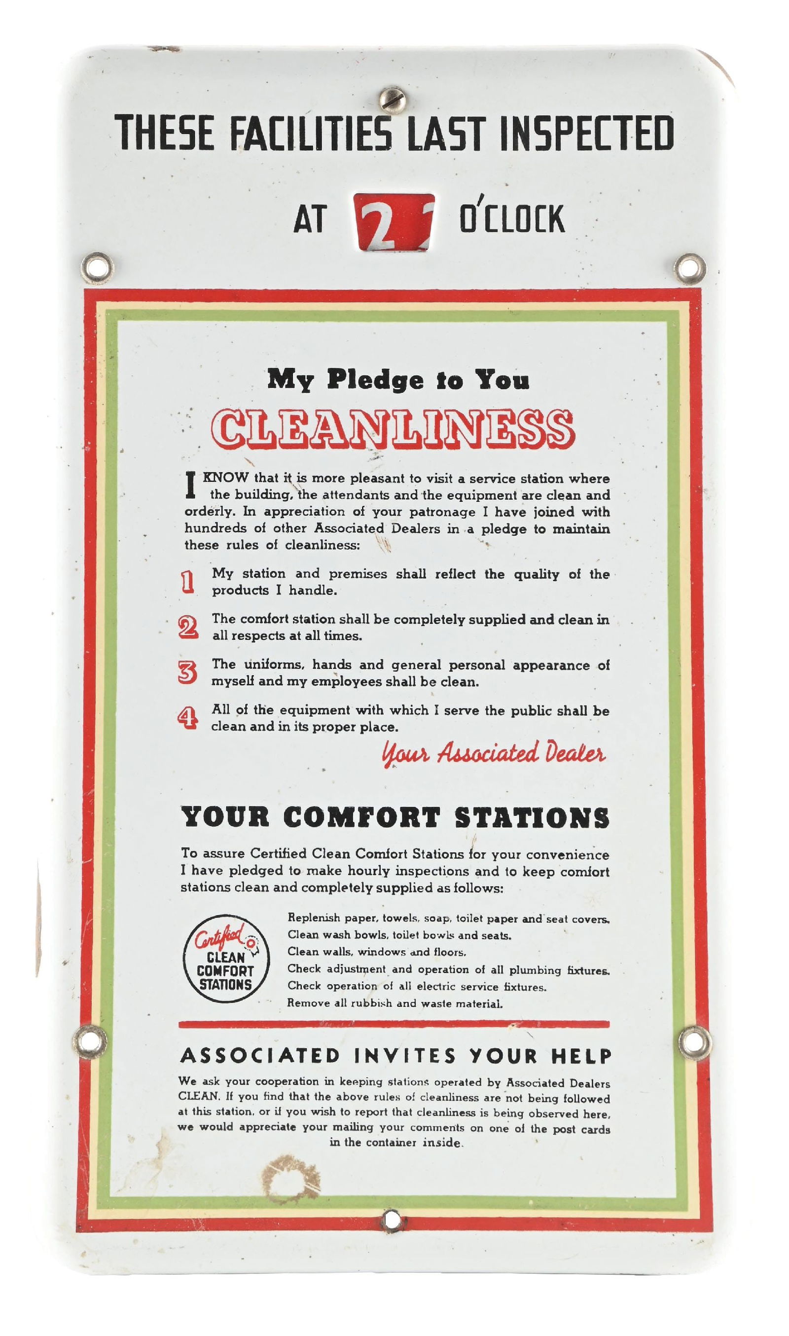 RARE ASSOCIATED SERVICE STATION REST ROOM INSPECTION PORCELAIN SIGN WITH ADJUSTABLE DIAL (1 of 2)