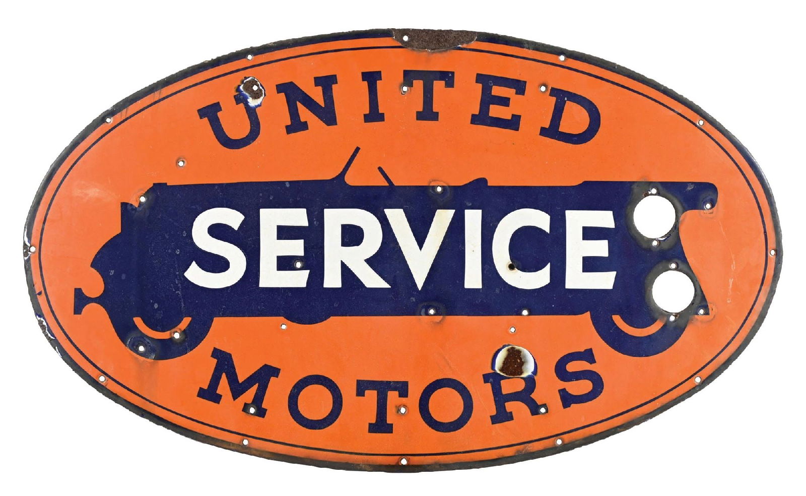 UNITED MOTORS SERVICE PORCELAIN NEON SKIN SIGN: SSP. C. 1930s. CONDITION: Very good color & gloss throughout, showing two areas of field chipping as well as some areas of age staining to the gloss. Chipping shown along the outer edges, but overall