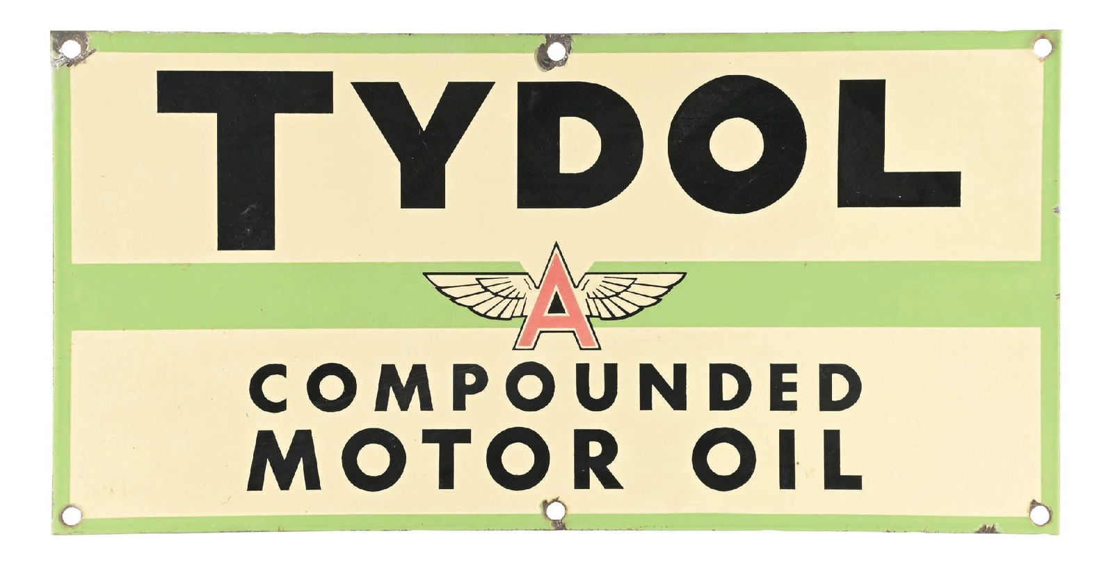 TYDOL COMPOUNDED MOTOR OIL PORCELAIN SIGN W/ FLYING A GRAPHIC: SSP. C. 1940s. CONDITION: Good color & gloss throughout the cream & green, with fading in the red "A" graphic. Use chipping at the mounting holes, with light nicks along the outer edges. Condition: (8