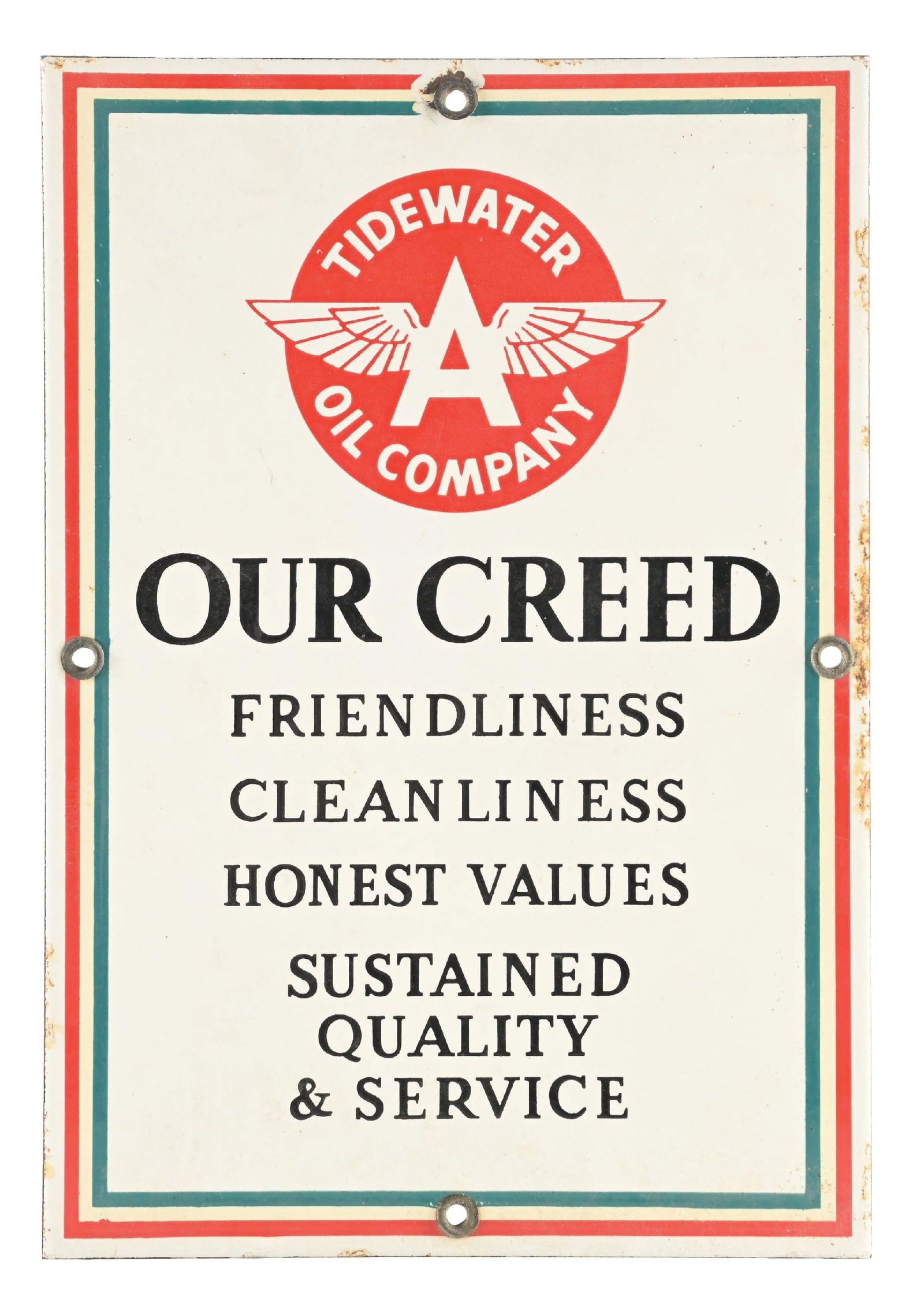 TIDEWATER OIL COMPANY "OUR CREED" PORCELAIN SIGN (1 of 2)
