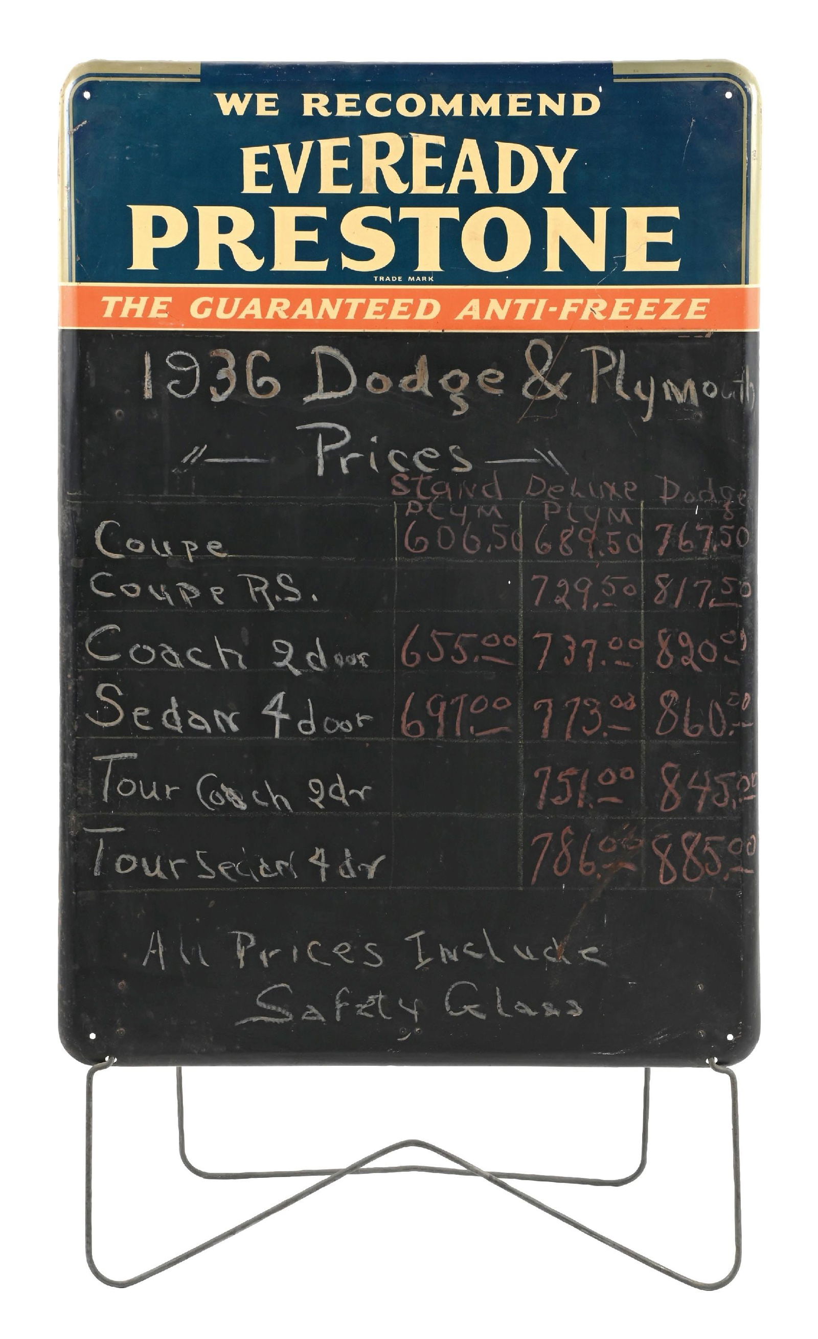 EVERYEADY PRESTONE ANTI-FREEZE TIN CHALKBOARD SIGN / EASEL BACK (1 of 2)