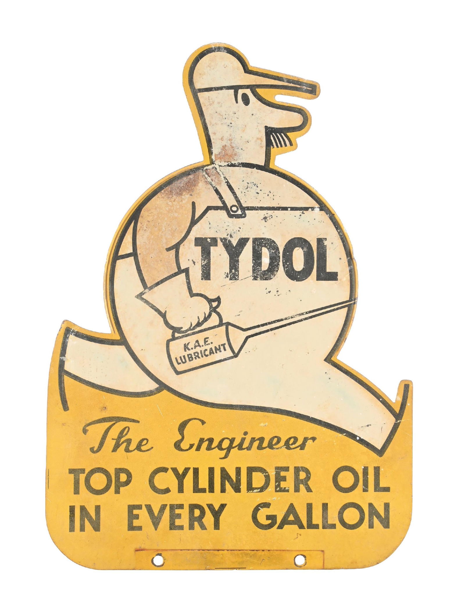 TYDOL ENGINEER FIGURAL TIN TOPPER SIGN: DST. C. 1930s. CONDITION: Sign shows fair color & gloss throughout, with moderate surface scratching as well as some areas of paint loss in the fields. Light wear at the mounting holes and along the o