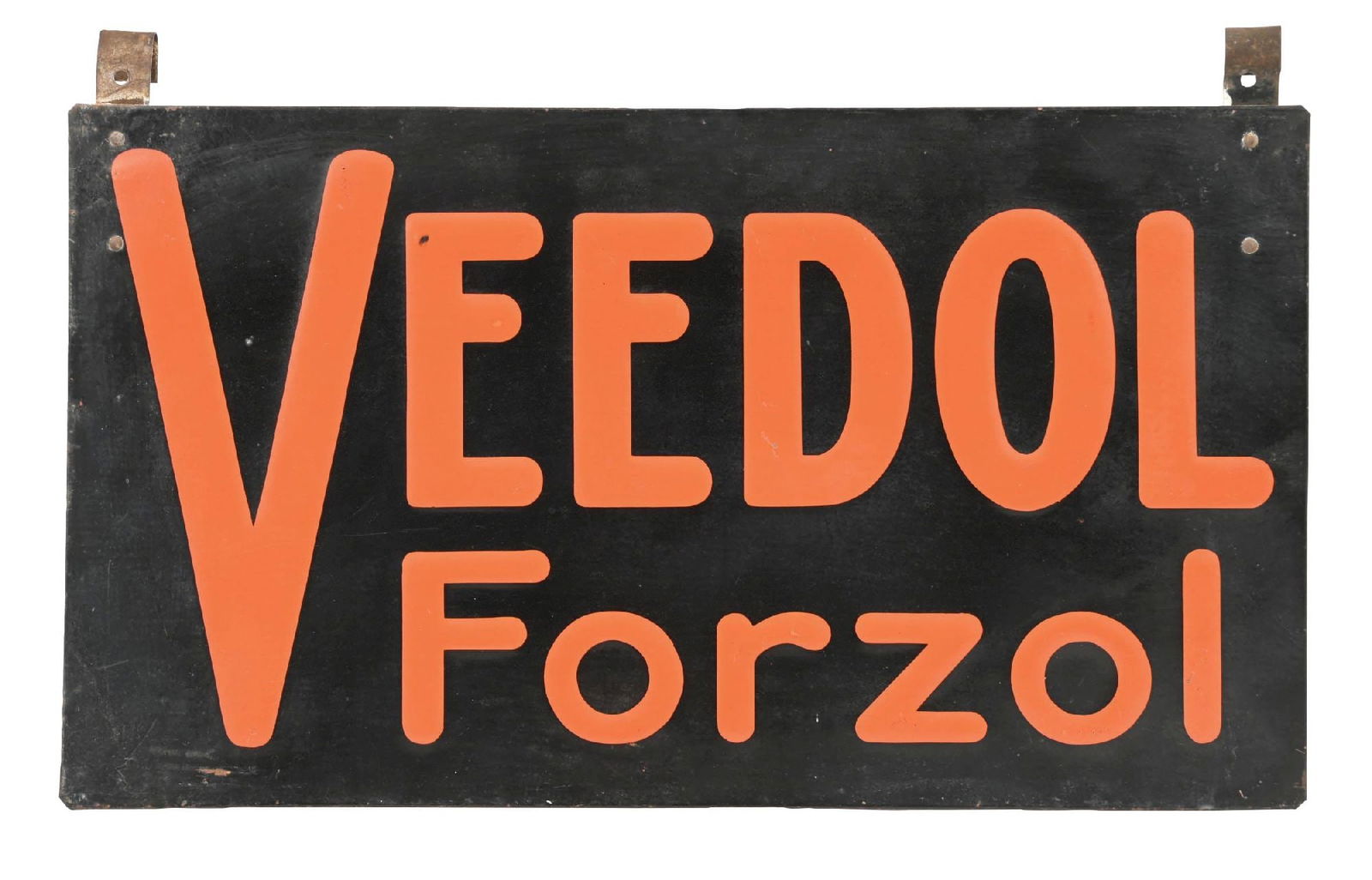 VEEDOL FORZOL MOTOR OIL EMBOSSED TIN SIGN: SST. C. 1930s. CONDITION: Fair color & gloss with light areas of general wear. Original hanging hooks at the topside intact. A scarce piece for Veedol. Condition: (8.0). Dimensions: 14 - 1/4" x 8".