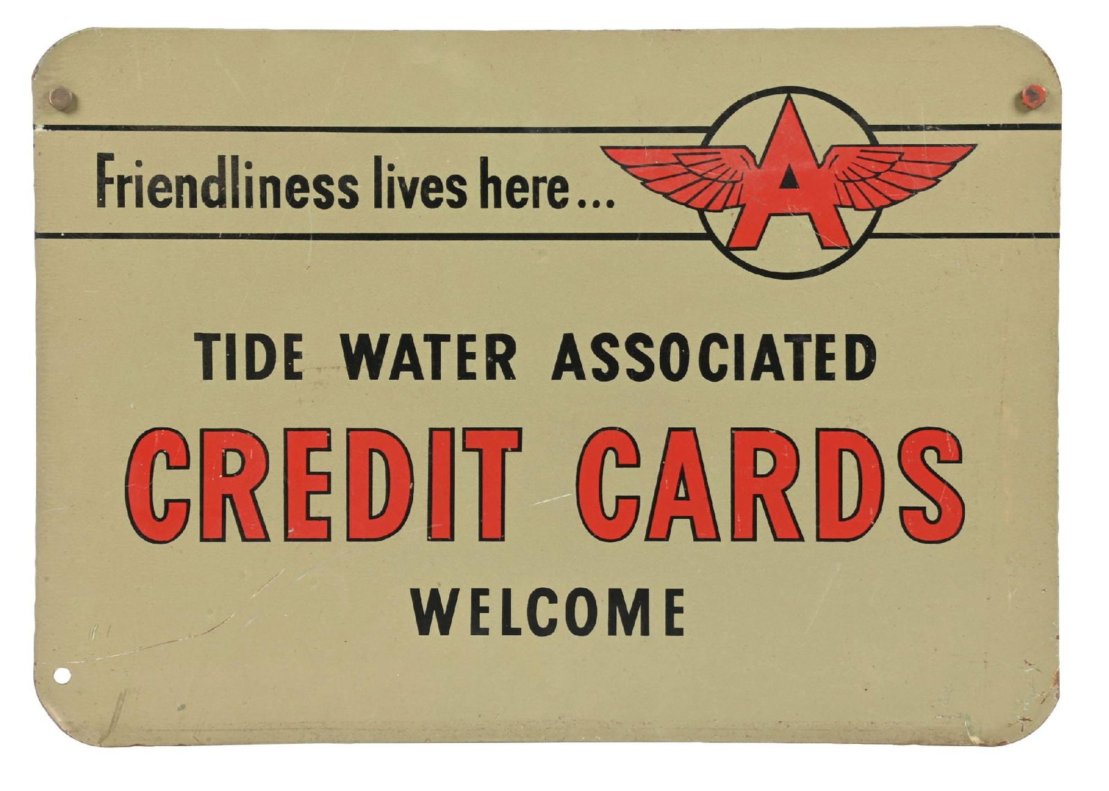 TIDE WATER ASSOCIATED "CREDIT CARDS WELCOME" TIN SIGN W/ FLYING A GRAPHIC (1 of 2)