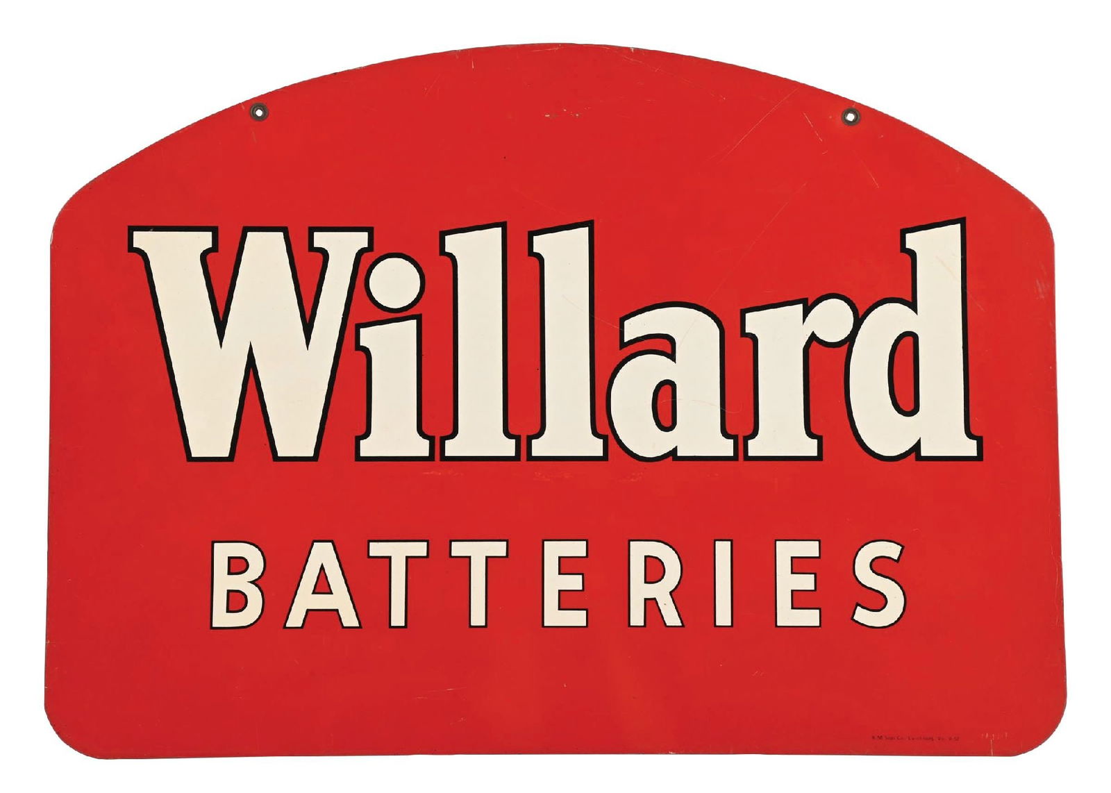 WILLARD BATTERIES TIN SERVICE STATION SIGN: DST. Maker Marked A.M. & Dated 1952. CONDITION: Sign showing bright color & gloss throughout each side with some light surface scratching and general use wear, but overall very clean. Light wear at th