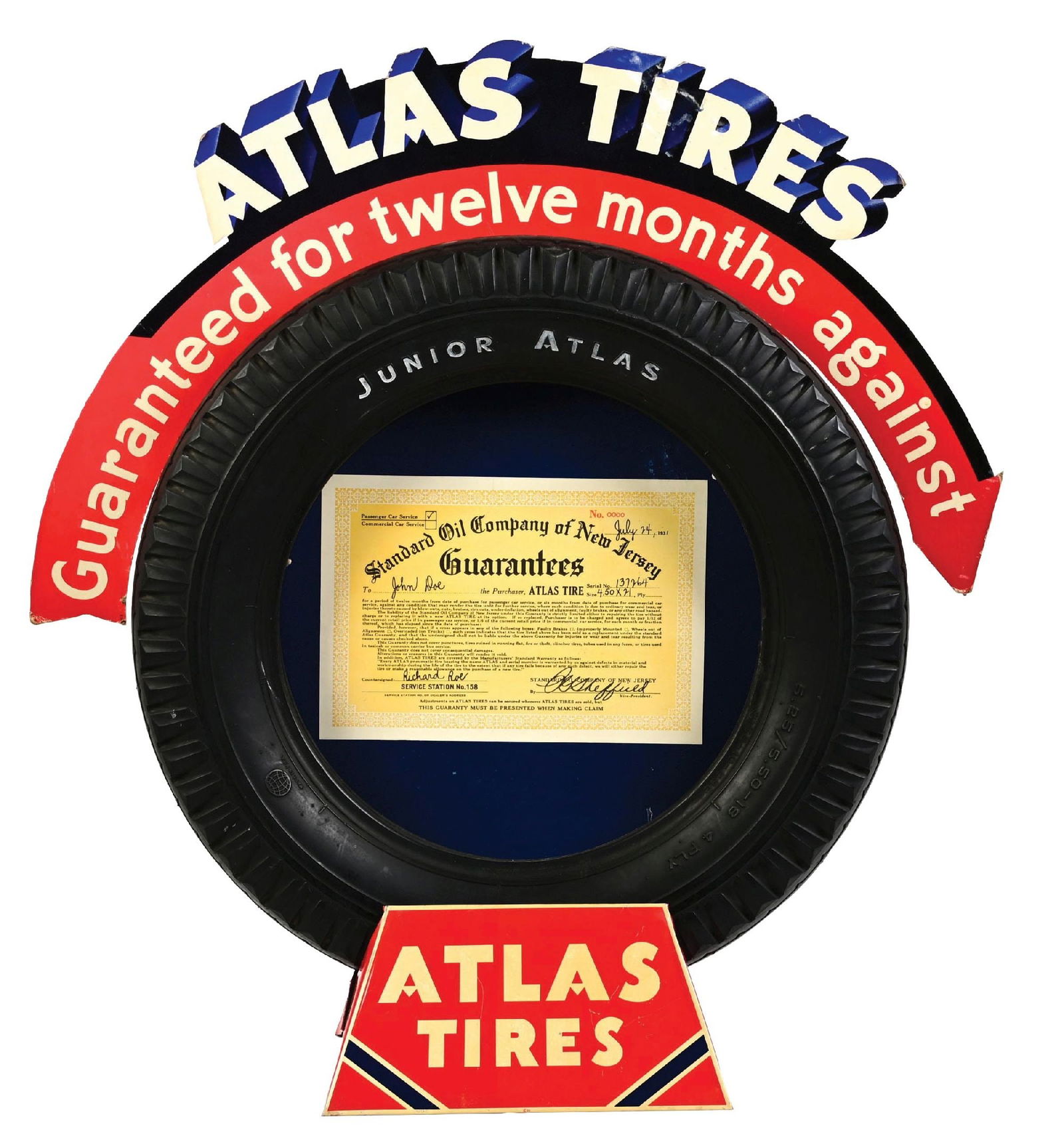 ATLAS TIRES SERVICE STATION TIRE DISPLAY W/ STAND, INSERT & ATLAS TOPPER. (1 of 2)